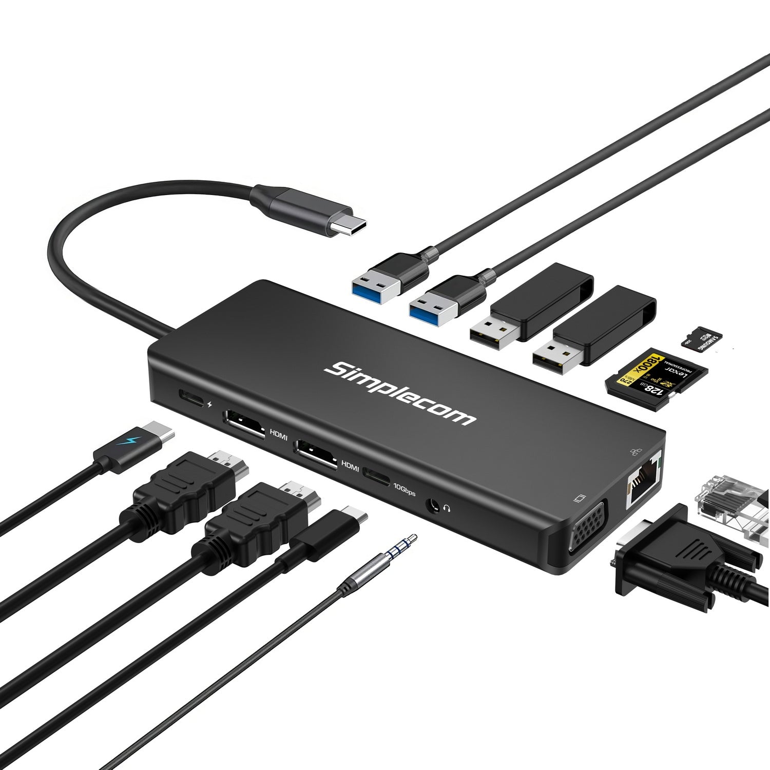 Computer Monitors & Accessories: Simplecom CHN613 USB-C 13-in-1 Multiport Docking Station Dual HDMI + VGA Triple Display USB 3.2 Gen 2 10Gbps