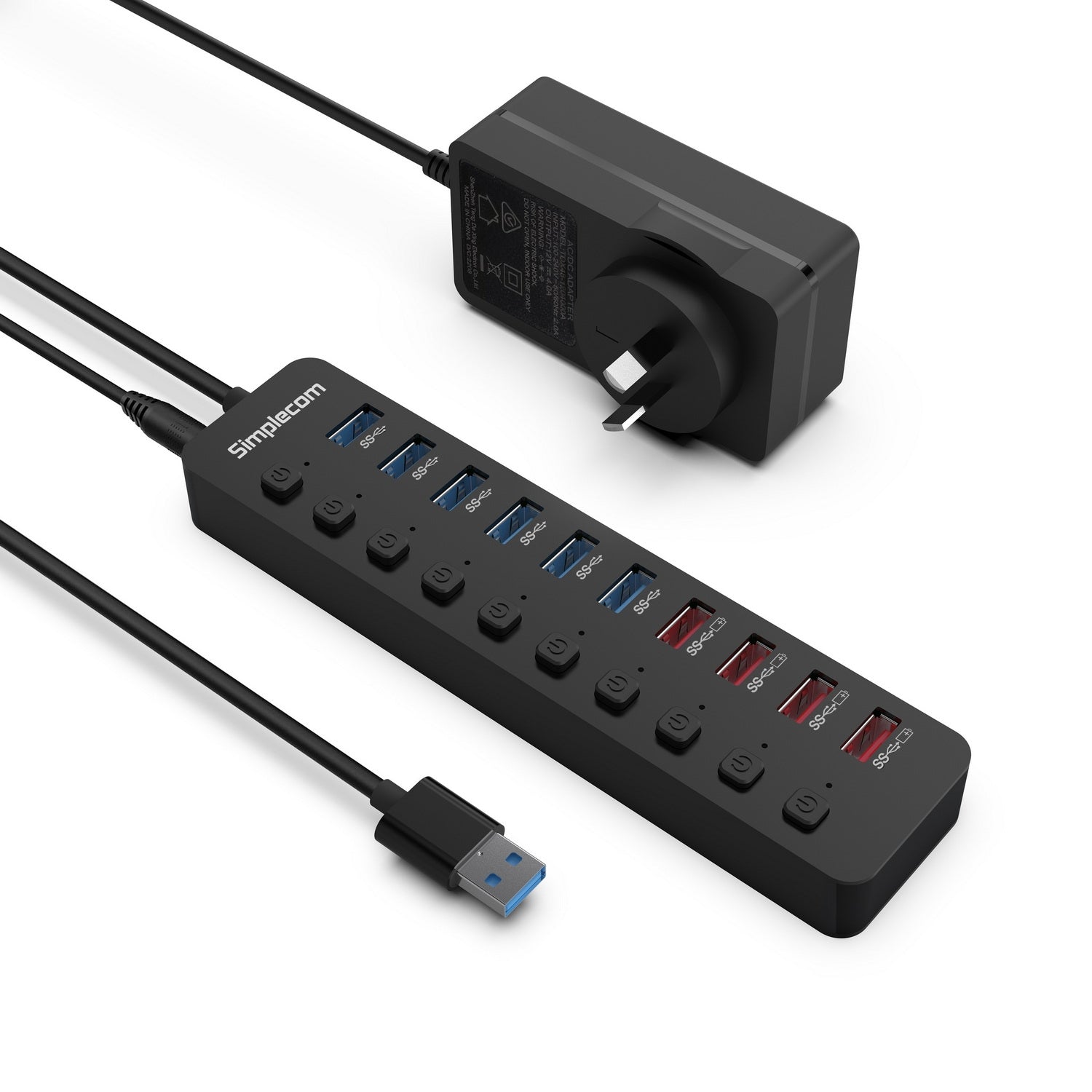 Phone Chargers: Simplecom CHU810 48W 10-Port USB 3.0 Hub and Charger with Individual Switches 12V/4A Power Adapter BC1.2 Fast Charging