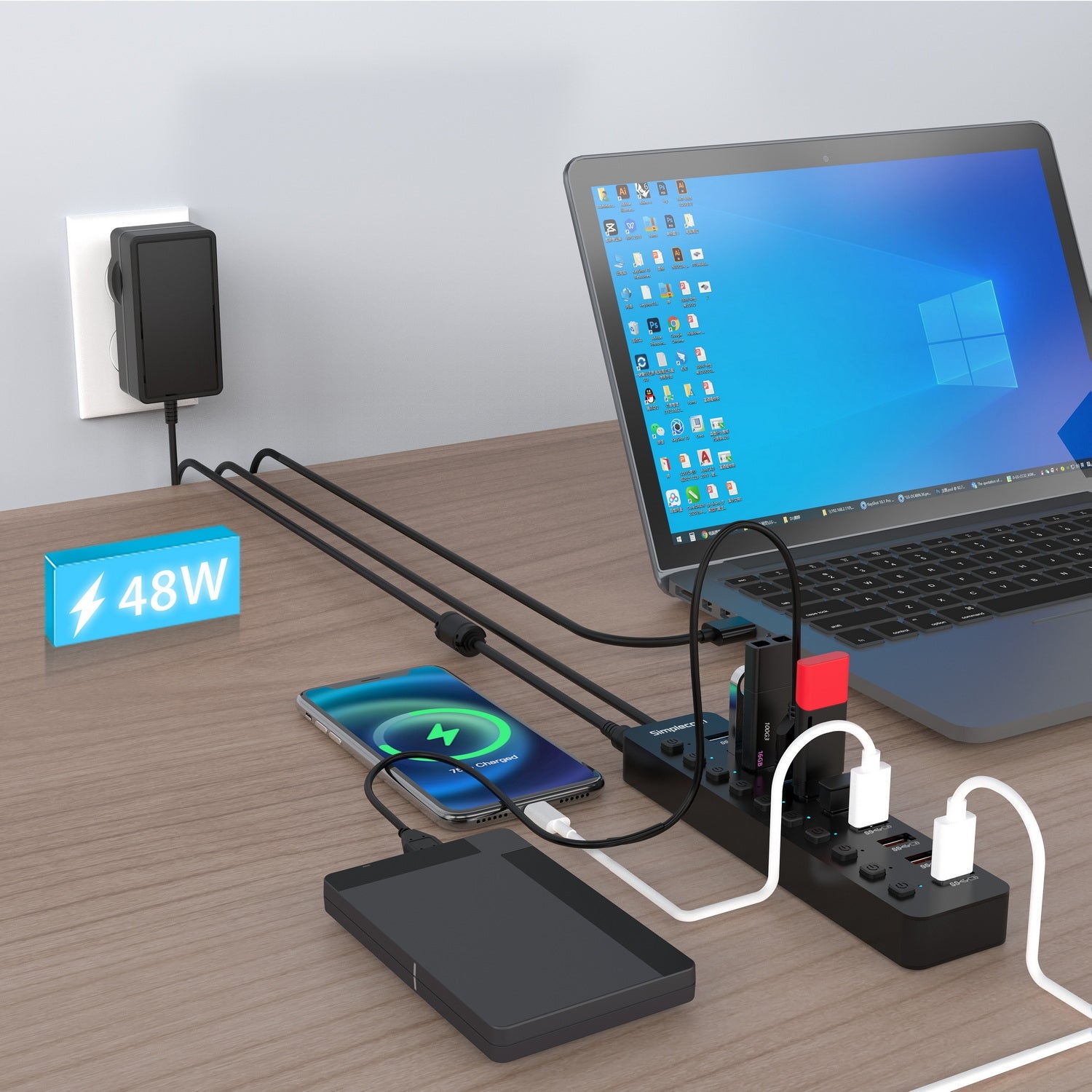 Phone Chargers: Simplecom CHU810 48W 10-Port USB 3.0 Hub and Charger with Individual Switches 12V/4A Power Adapter BC1.2 Fast Charging
