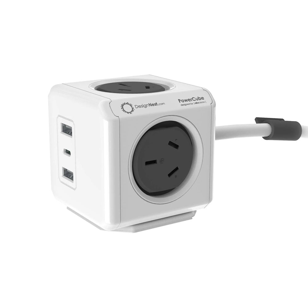 Powerboards & Adapters: Allocacoc PowerCube Extended 4 Outlets 2 USB-A + 1 USB-C PD 20W with Surge 1.5M Grey (11407-AUEUAC)