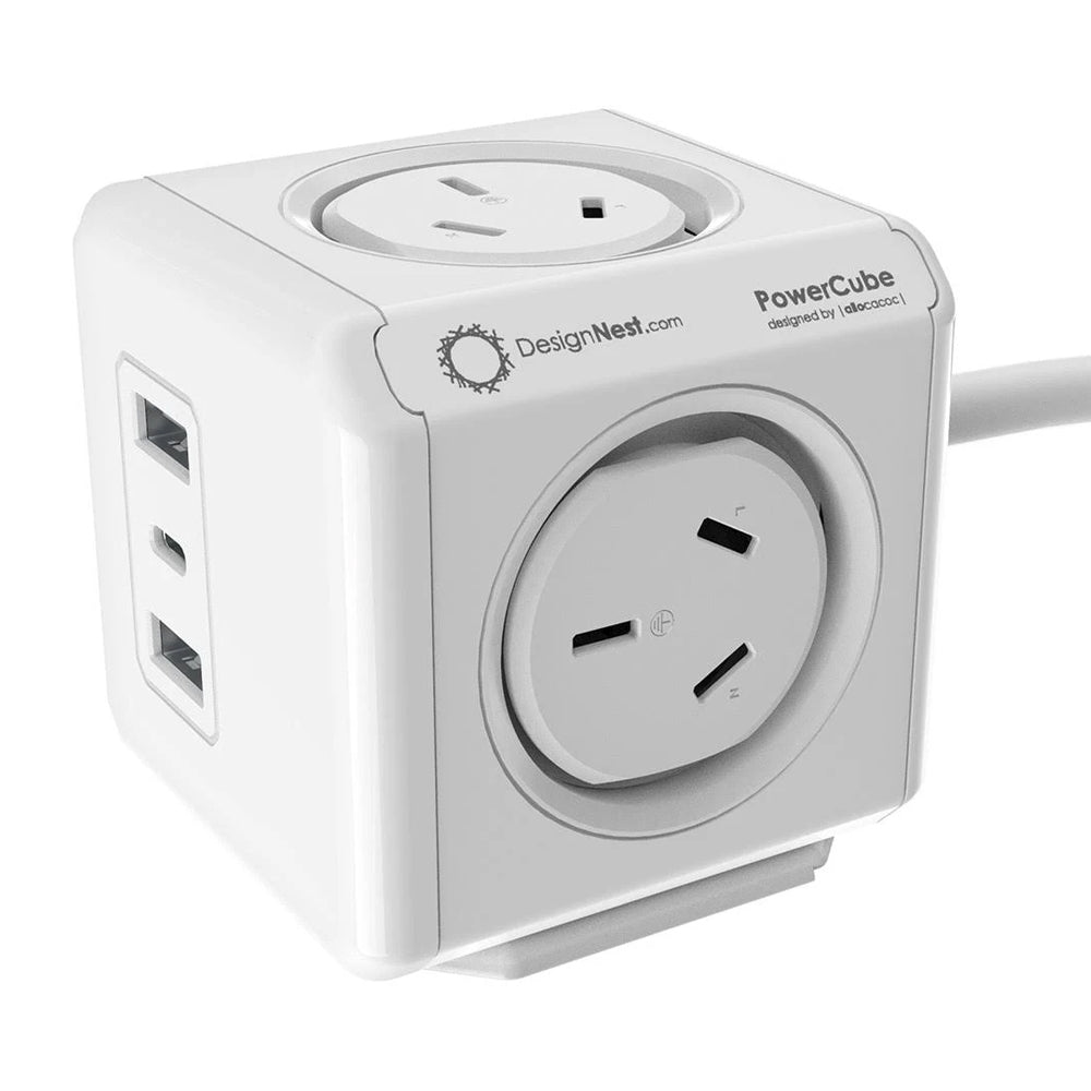 Powerboards & Adapters: Allocacoc PowerCube Extended 4 Outlets 2 USB-A + 1 USB-C PD 20W with Surge 1.5M White (11407-AUEUAC)