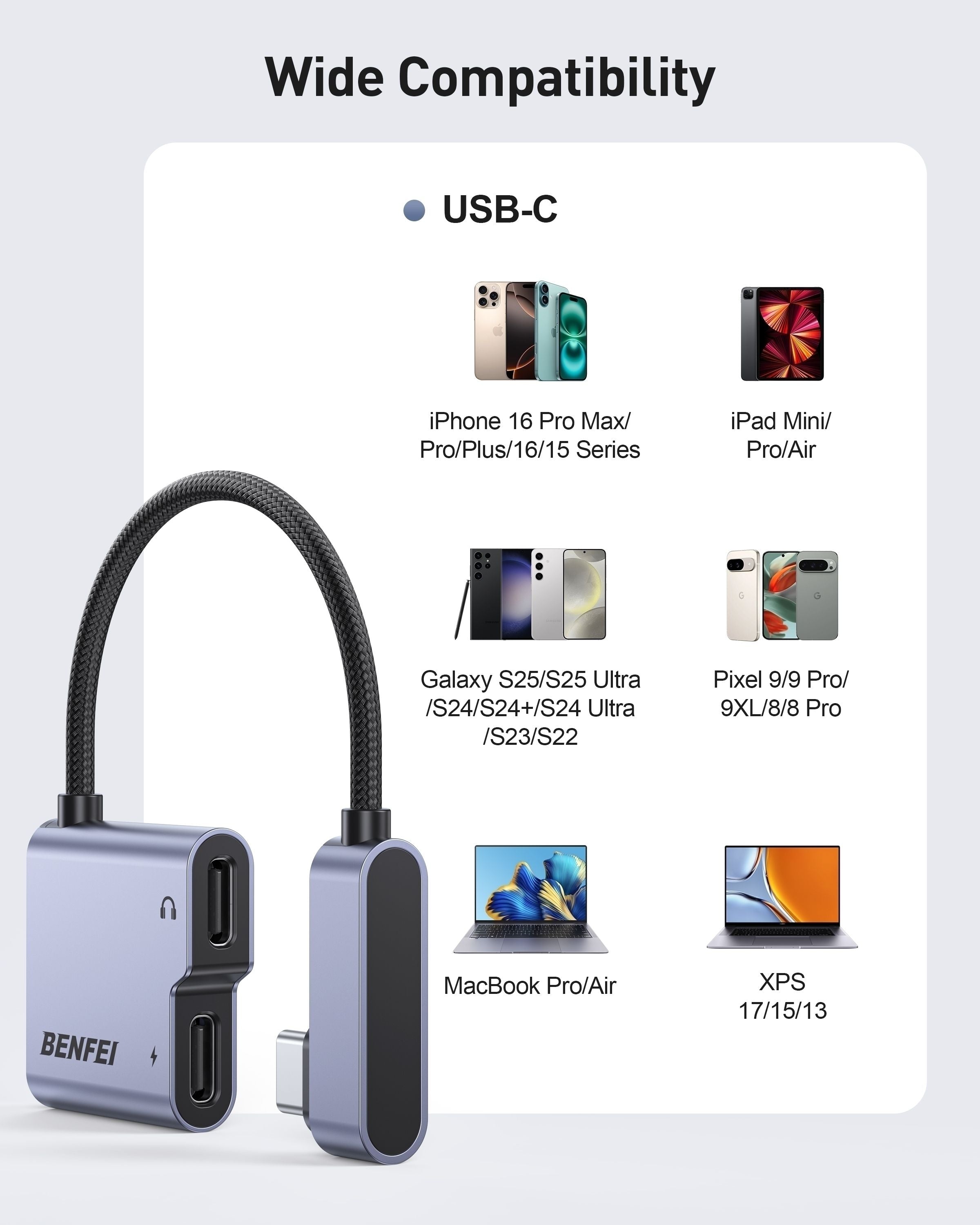 BENFEI 000413GY USB-C to USB-C Audio Headphone + Data Transfer and Charging Adapter