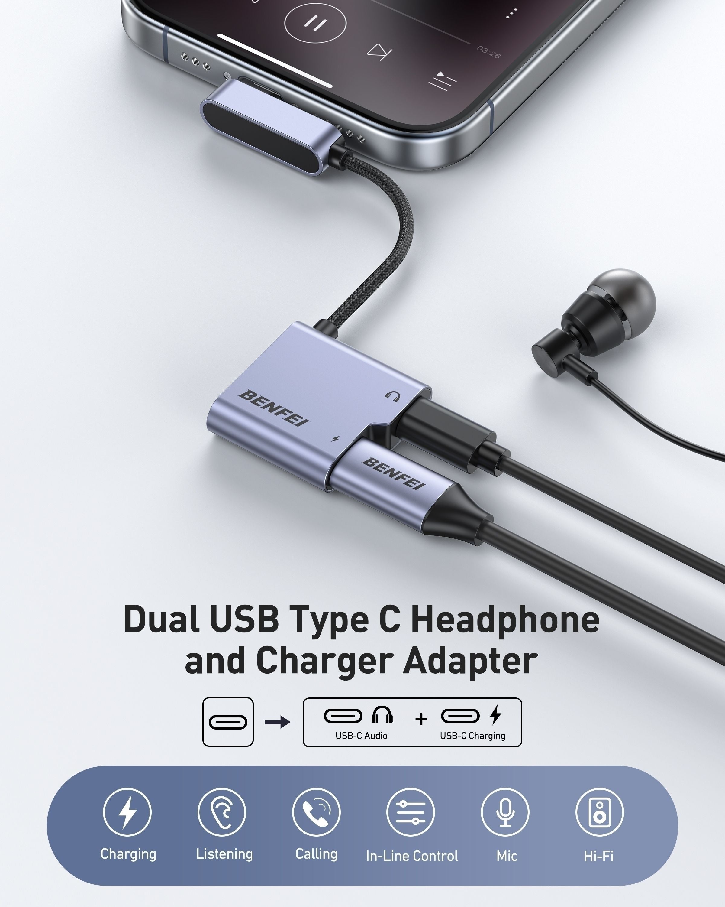 BENFEI 000413GY USB-C to USB-C Audio Headphone + Data Transfer and Charging Adapter