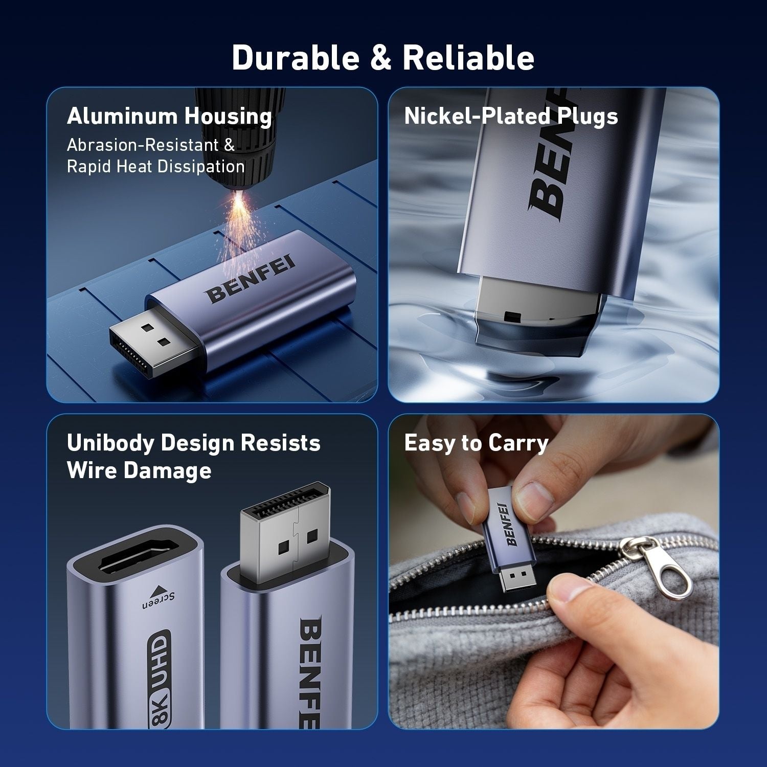 BENFEI 000457GY DP Male to HDMI Female Adapter 8K/60Hz Nickel/Nickel Aluminum Shell Dark Gray Laser Engraved