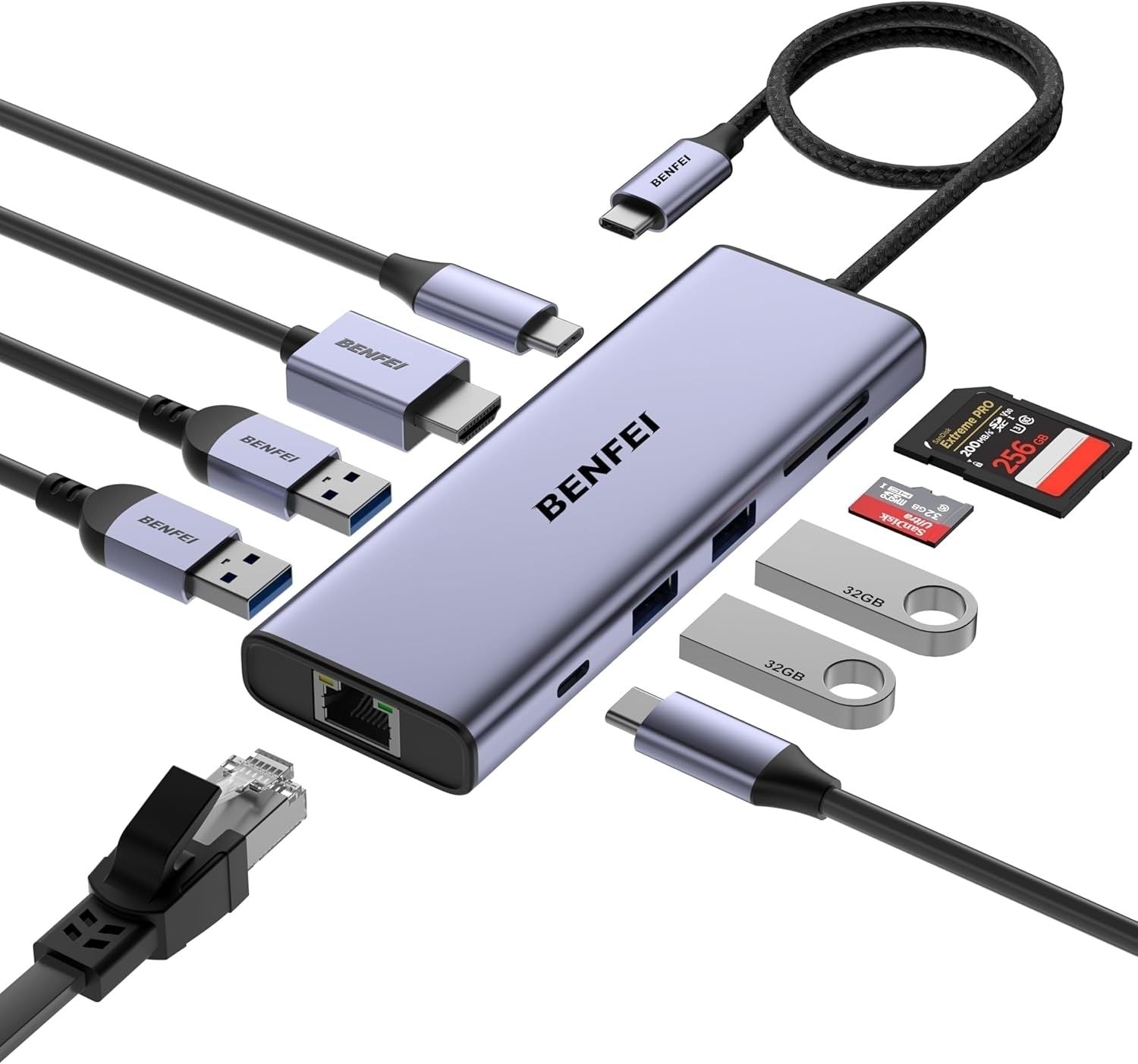 BENFEI 000495GY 10-in-1 USB C Hub 4K HDMI + RJ45 + 100W PD + USB-C + USB x 4 +TF/SD Reader
