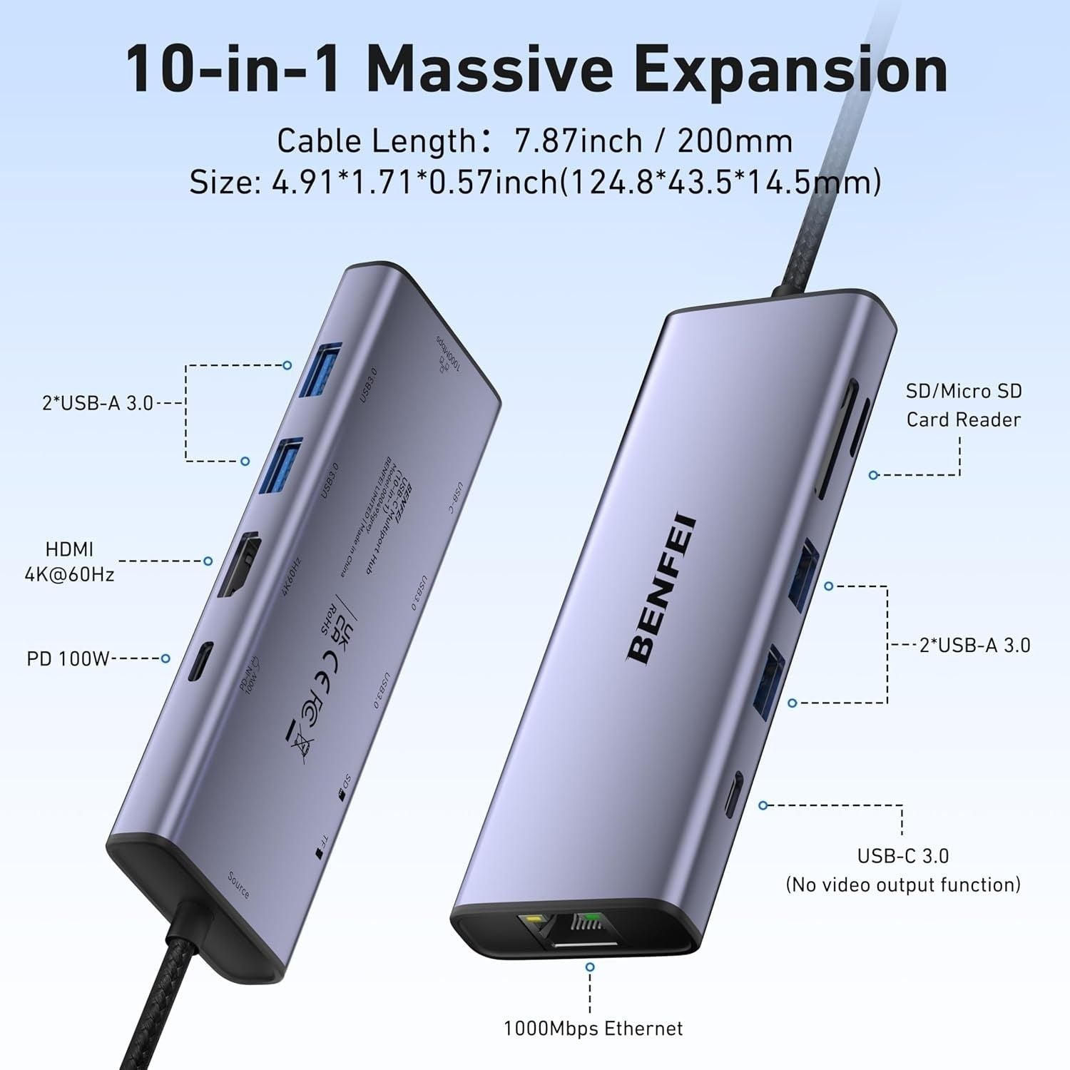 BENFEI 000495GY 10-in-1 USB C Hub 4K HDMI + RJ45 + 100W PD + USB-C + USB x 4 +TF/SD Reader