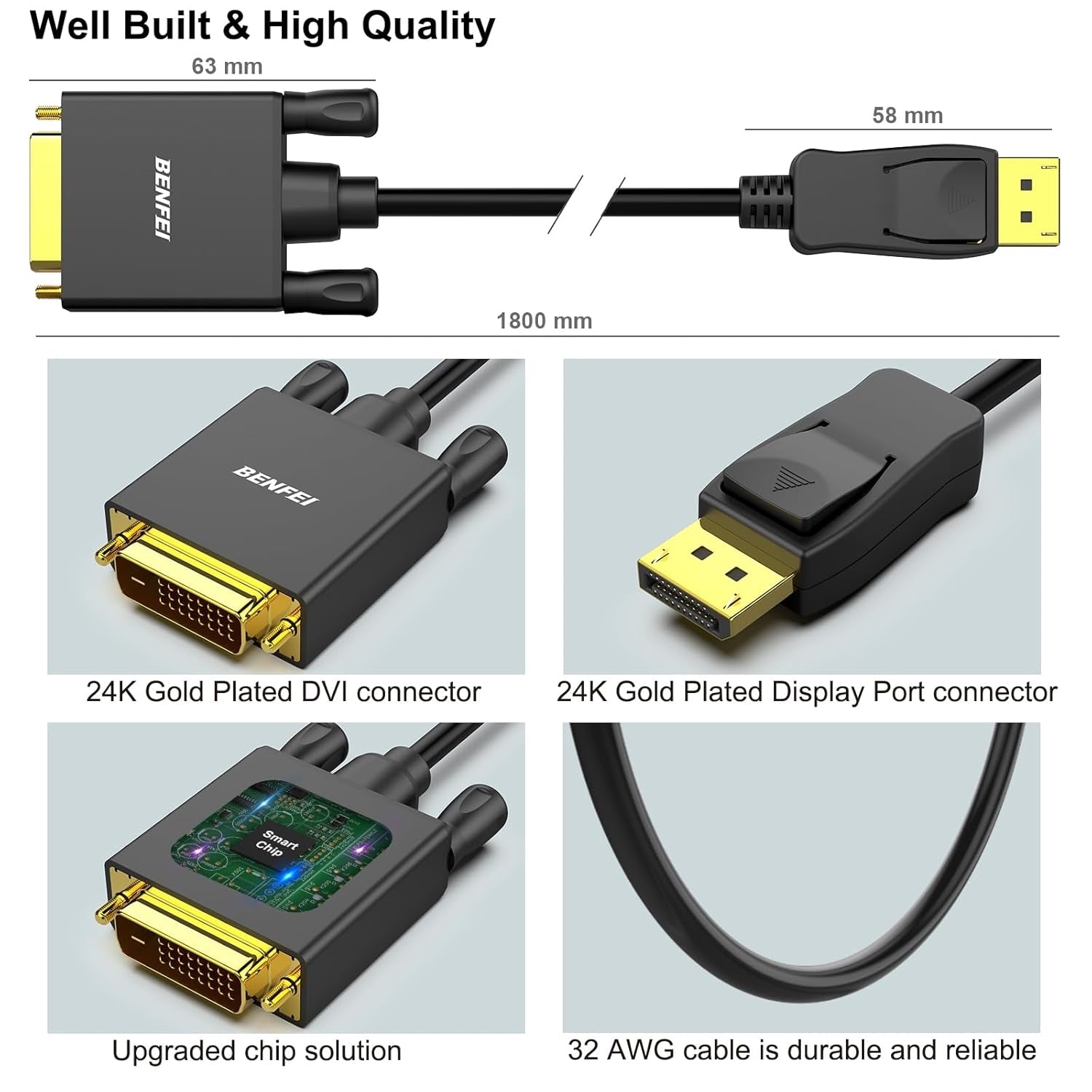 Computer Cables & Adapters: BENFEI 000125BK-10F DisplayPort to DVI Cable Male-Male Gold-Plated Cord Cable 3Mlated