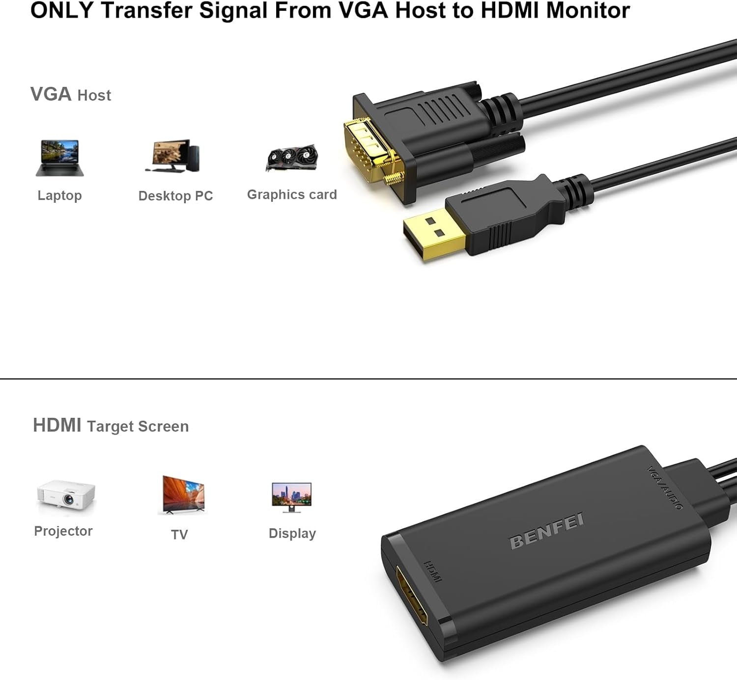 Computer Cables & Adapters: BENFEI 210BK VGA to HDMI Adapter with Audio Support and 1080P Resolution