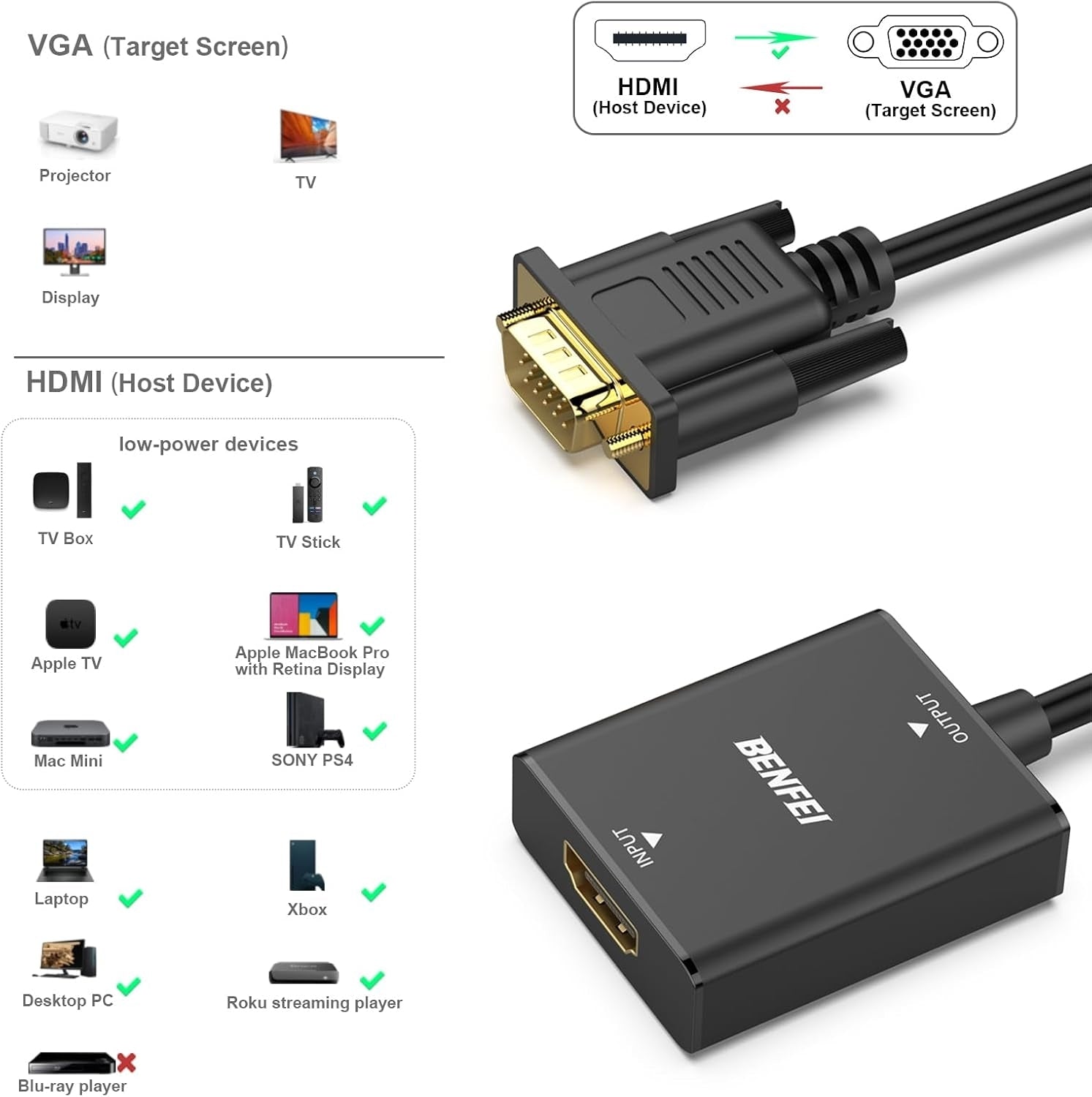 Computer Cables & Adapters: BENFEI HDMI to VGA, Uni-Directional HDMI Computer to VGA Monitor  Adapter (Female to Male) with 3.5mm Audio Jack