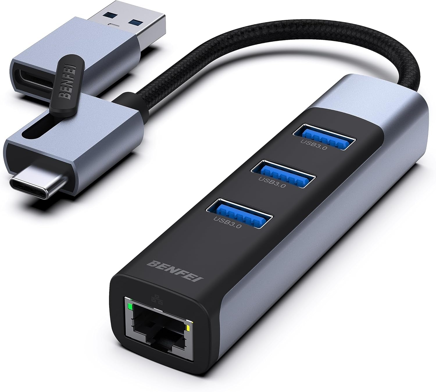 Desktops & Accessories: BENFEI 350GY 2-in-1 USB-C+USB 3.0 to RJ45 Gigabit Ethernet Port + 3-Port USB 3.0 HUB