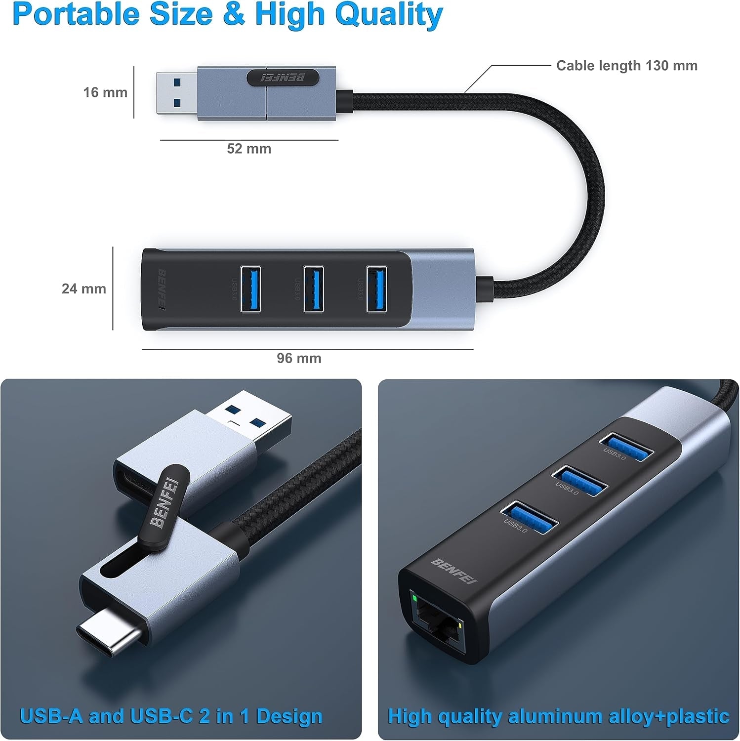 Desktops & Accessories: BENFEI 350GY 2-in-1 USB-C+USB 3.0 to RJ45 Gigabit Ethernet Port + 3-Port USB 3.0 HUB