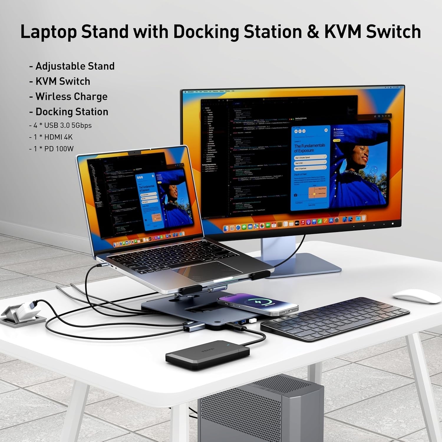 Laptop Stands: BENFEI 000366GY Laptop Stand with USB C Hub, Multi Function With USB and KVM Switch and 15W Wireless Charger