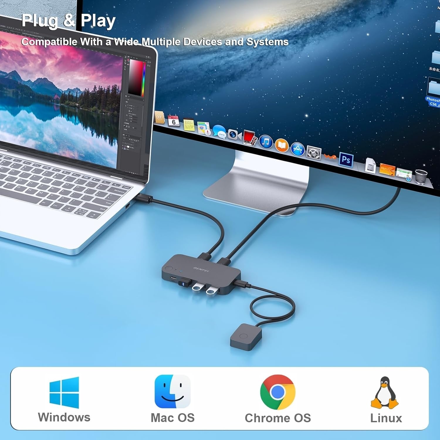 Desktops & Accessories: BENFEI 000376BK USB 3.0 Switch, USB Switcher 2 Computers Share 3xUSB 3.0 and 1xUSB C with Remote