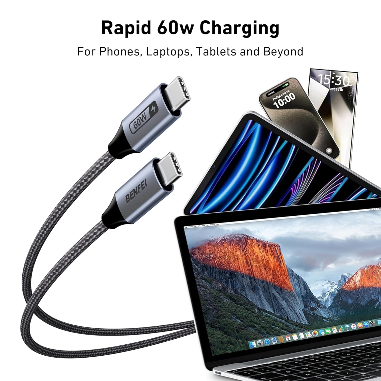 Computer Cables & Adapters: BENFEI 000383GY USB-C to USB-C Cable (4K@120Hz), 100W PD Fast Charging, 10Gbps Data Transfer for I-phone 15/16/17 and Samsung / Google phone 1M