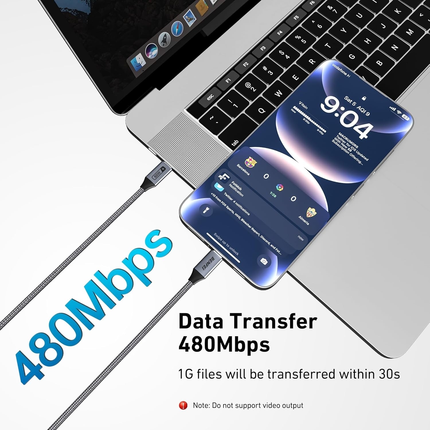 Computer Cables & Adapters: BENFEI 000383GY USB-C to USB-C Cable (4K@120Hz), 100W PD Fast Charging, 10Gbps Data Transfer for I-phone 15/16/17 and Samsung / Google phone 1M