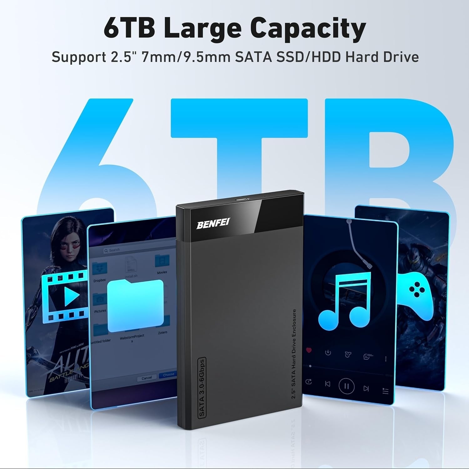 Hard Drives: BENFEI 000385BK 2.5 Inch SATA to USB-A + USB-C Tool Free External Hard Drive Enclosure (6Gbps, Optimized for SSD, Support UASP SATA III)