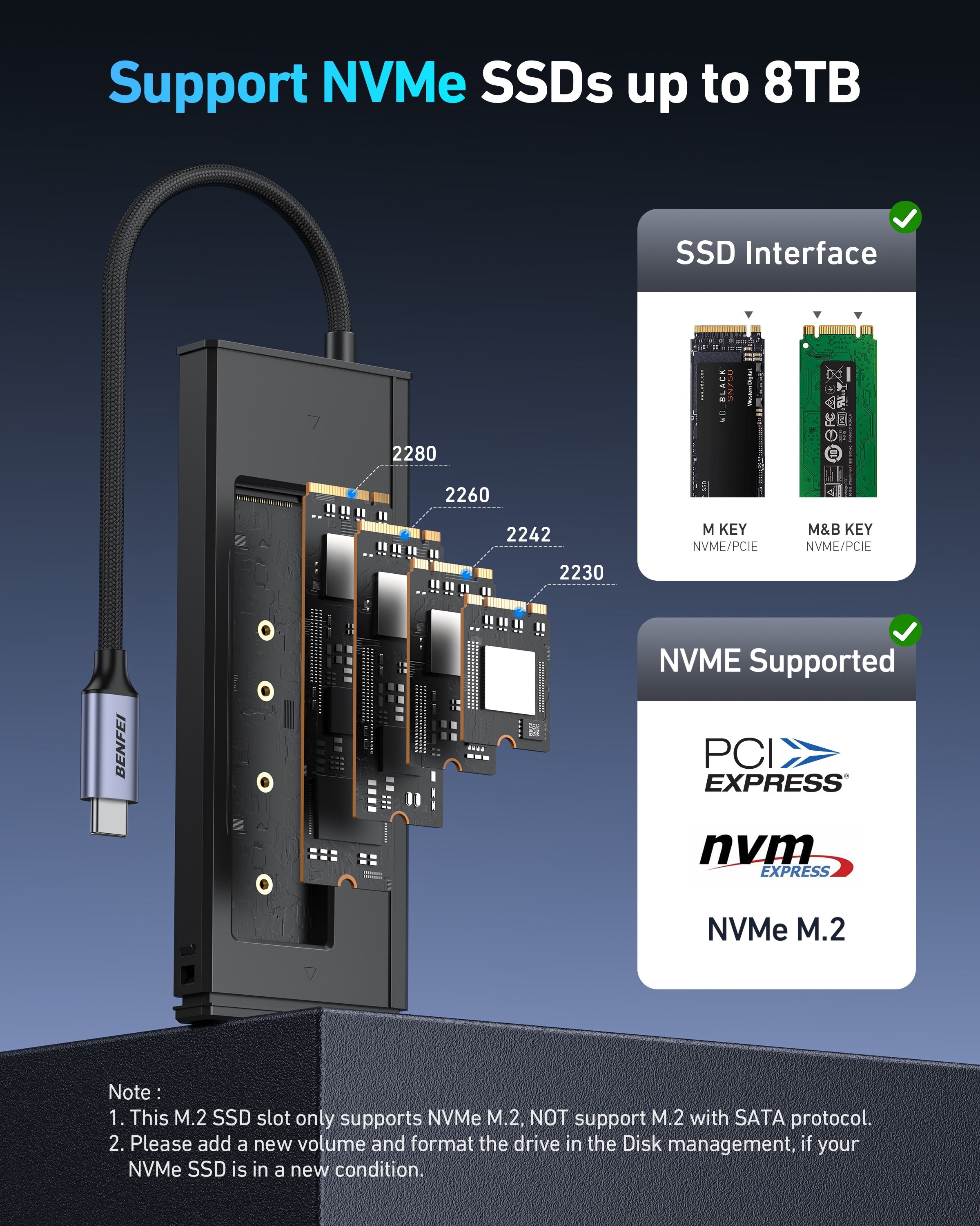 Hard Drives: BENFEI 000389GY M.2 NVMe Enclosure with USB-C Hub
