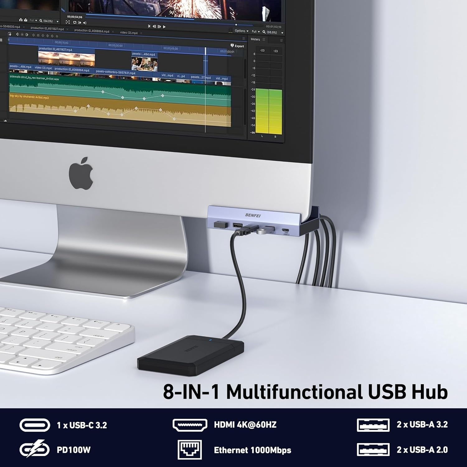 Desktops & Accessories: BENFEI 396GY USB-C 8-in-1 Docking HDMI 4K/60Hxz+USB-C(10G)+2xUSB-A(10G)+2xUSB2.0+RJ45+PD100W