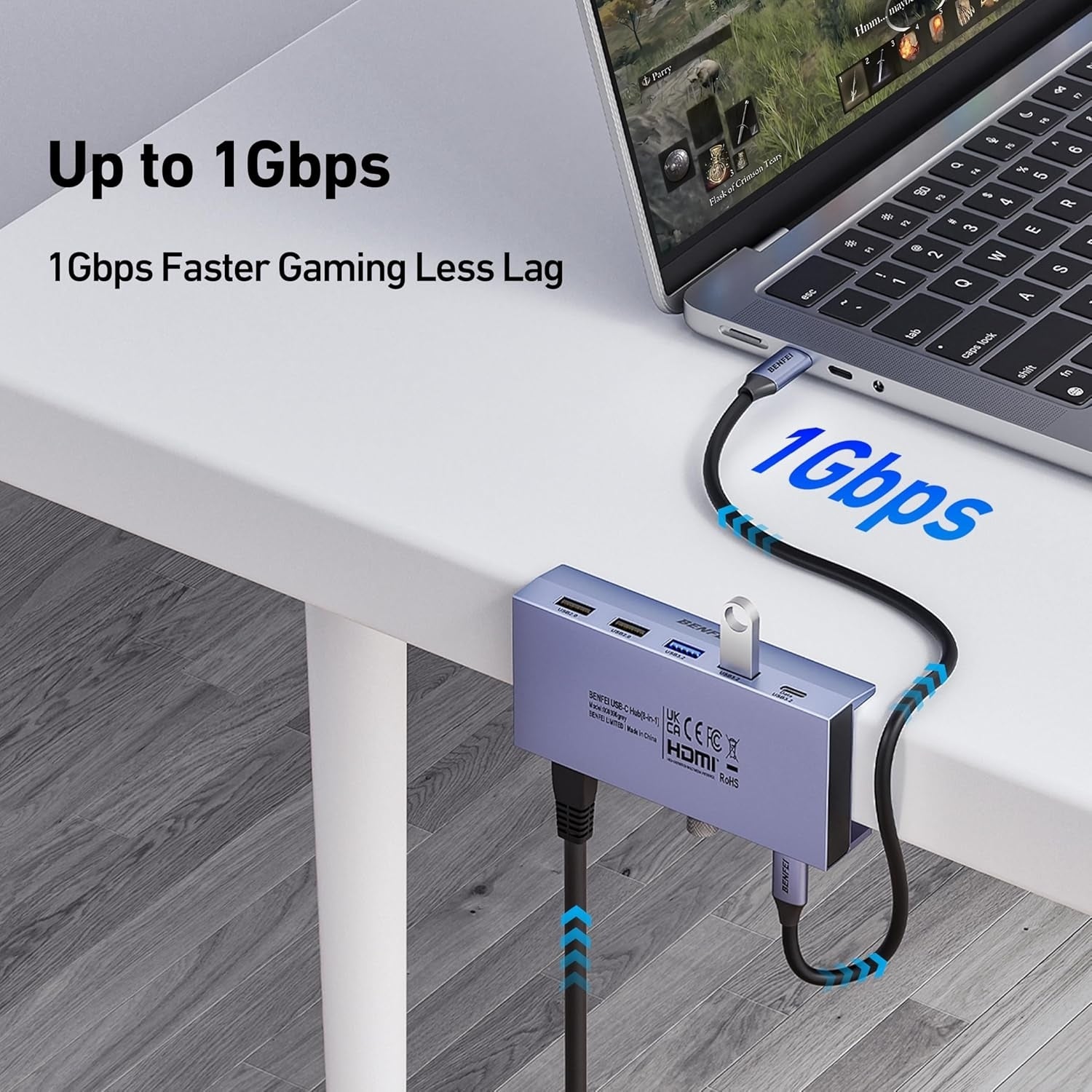 Desktops & Accessories: BENFEI 396GY USB-C 8-in-1 Docking HDMI 4K/60Hxz+USB-C(10G)+2xUSB-A(10G)+2xUSB2.0+RJ45+PD100W