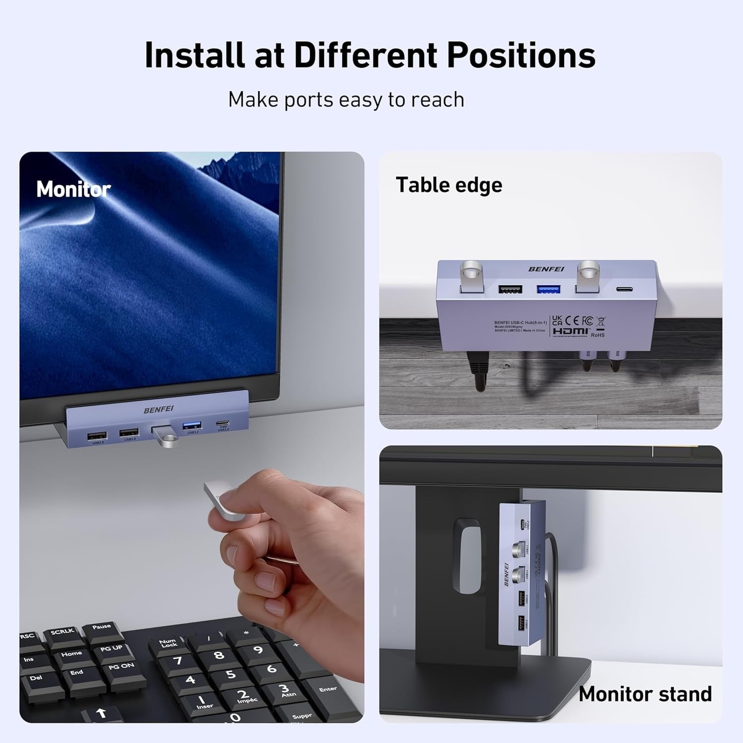 Desktops & Accessories: BENFEI 396GY USB-C 8-in-1 Docking HDMI 4K/60Hxz+USB-C(10G)+2xUSB-A(10G)+2xUSB2.0+RJ45+PD100W