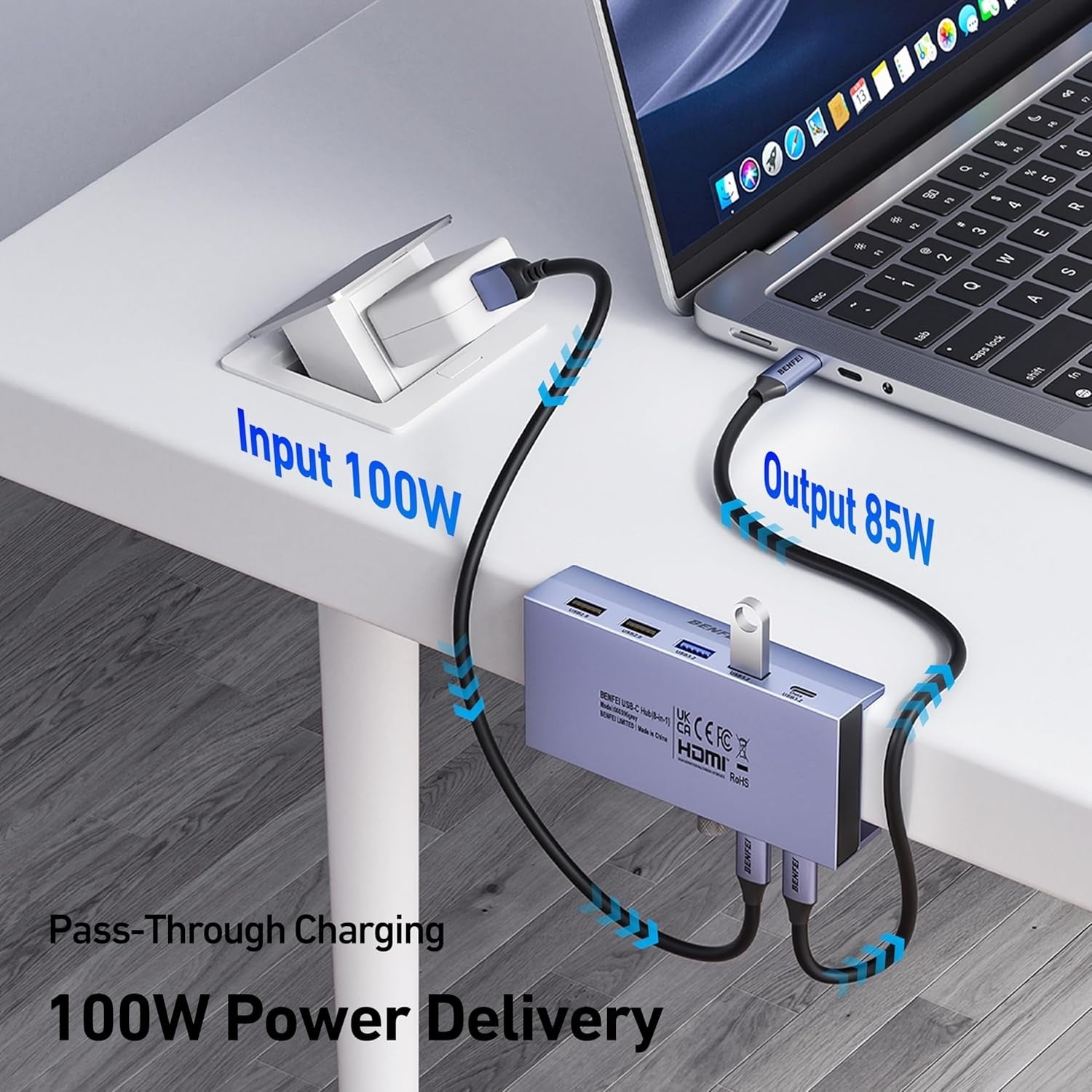 Desktops & Accessories: BENFEI 396GY USB-C 8-in-1 Docking HDMI 4K/60Hxz+USB-C(10G)+2xUSB-A(10G)+2xUSB2.0+RJ45+PD100W