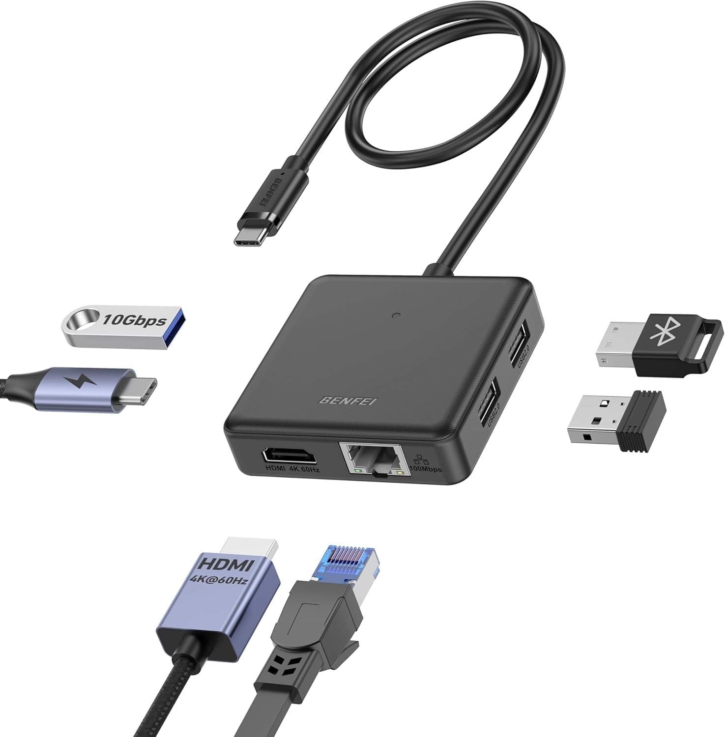 Desktops & Accessories: BENFEI 399BK 6-in-1 USB-C HUB to HDMI(8K)+USB3.2(10Gbps)+USB2.0x2+PD100W+RJ45 Black