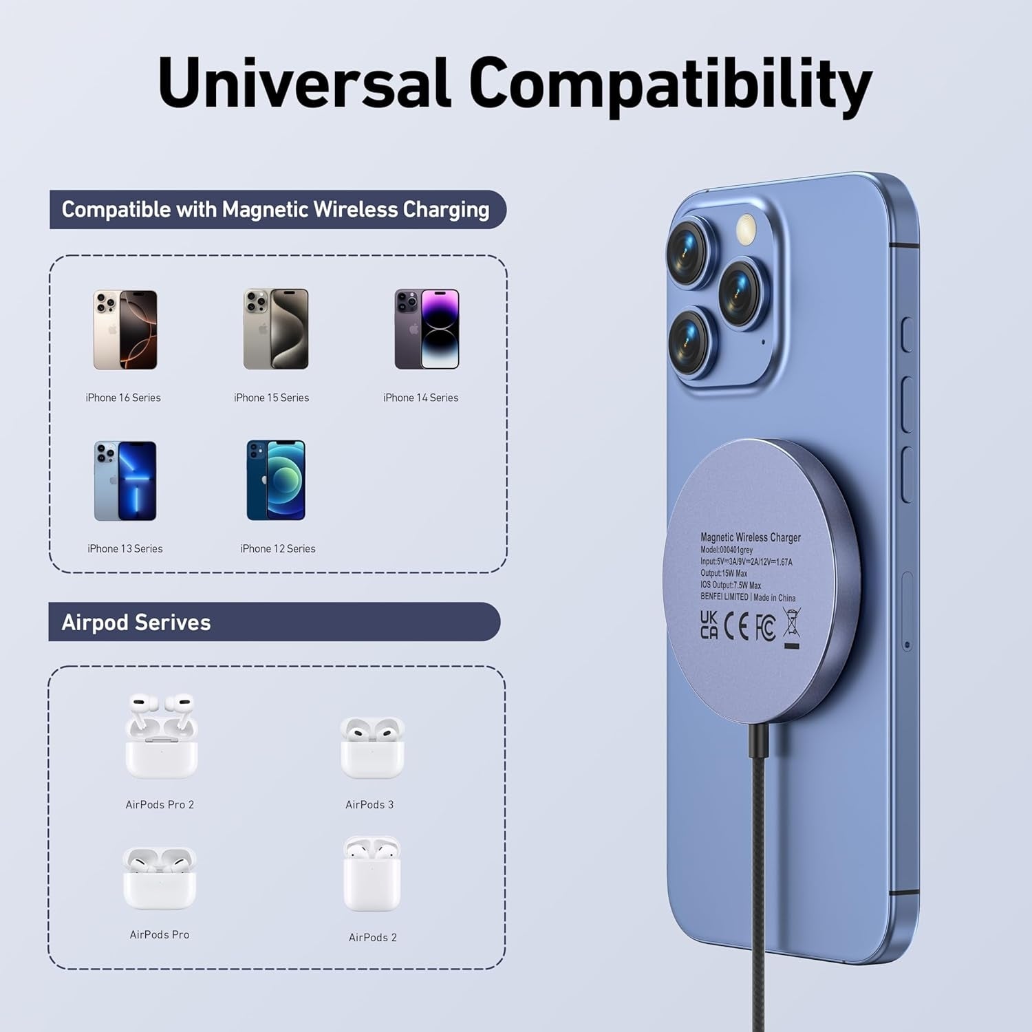 Computer Cables & Adapters: BENFEI 000401GY Magnetic Wireless Charger 15W Compatible with MagSafe Charger