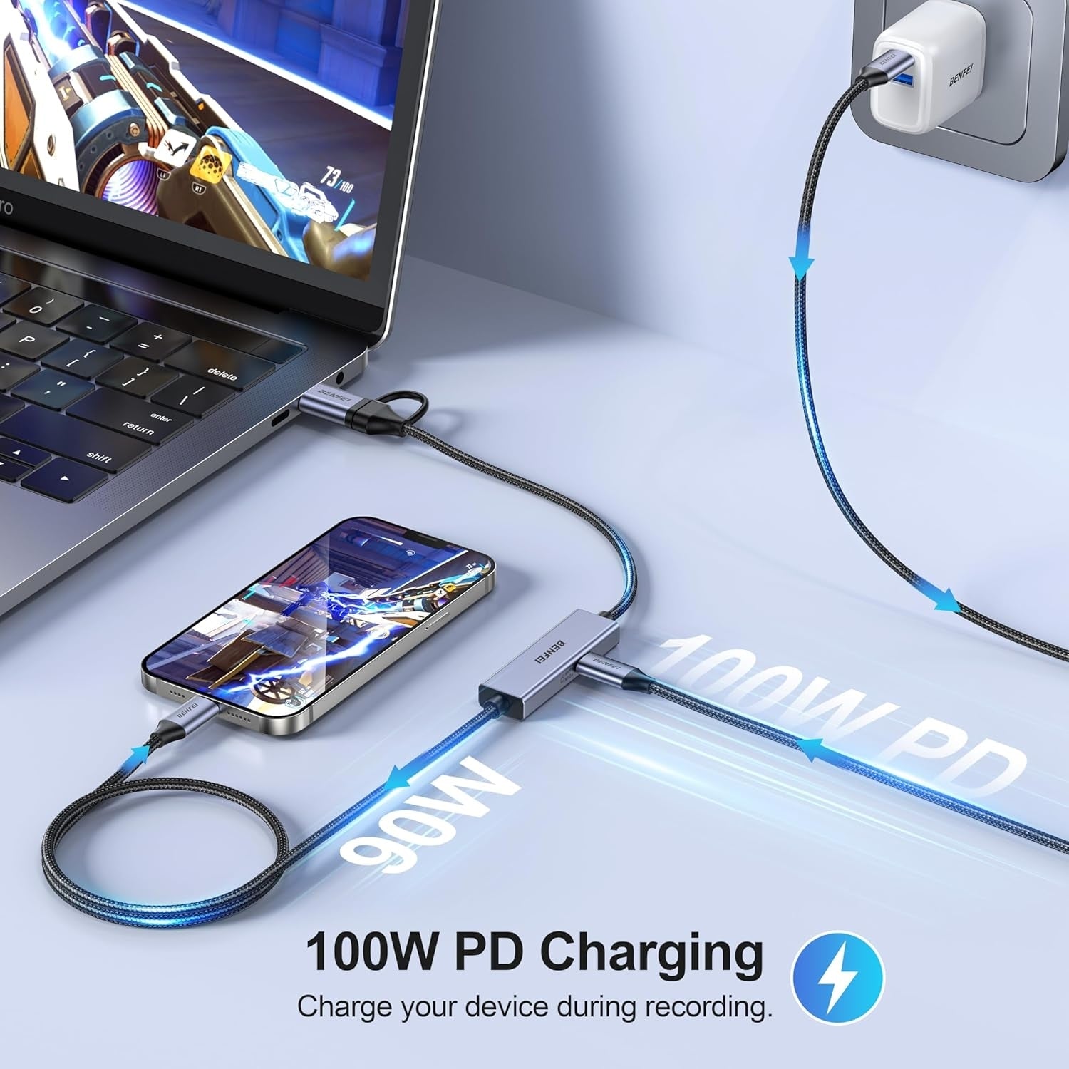 Desktops & Accessories: BENFEI 408GY USB-C to USB-C+A + PD (100W) Video/Audio Capture Card Supporting Full HD 1080P 60FPS for Streaming, Recording, Gaming