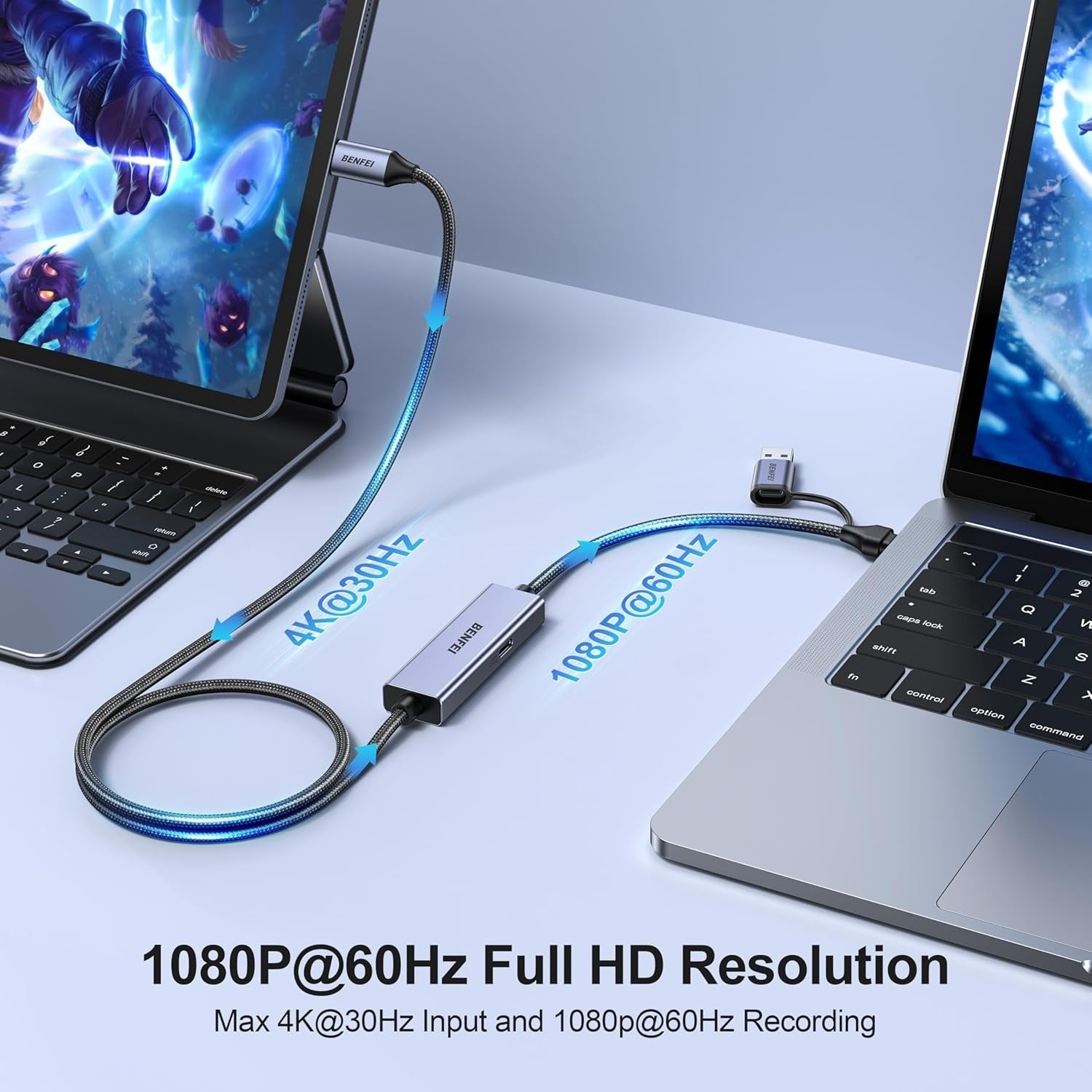 Desktops & Accessories: BENFEI 408GY USB-C to USB-C+A + PD (100W) Video/Audio Capture Card Supporting Full HD 1080P 60FPS for Streaming, Recording, Gaming