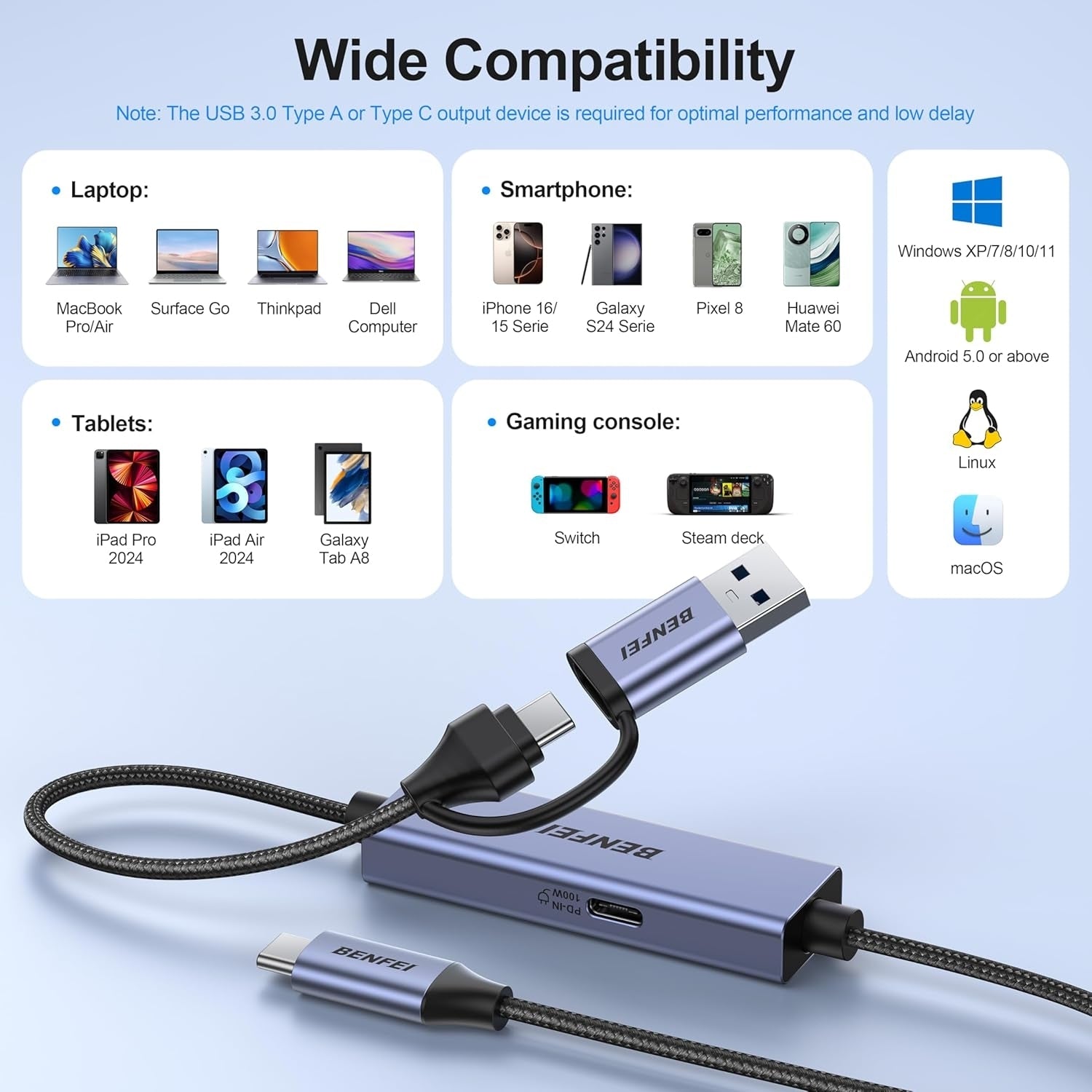 Desktops & Accessories: BENFEI 408GY USB-C to USB-C+A + PD (100W) Video/Audio Capture Card Supporting Full HD 1080P 60FPS for Streaming, Recording, Gaming