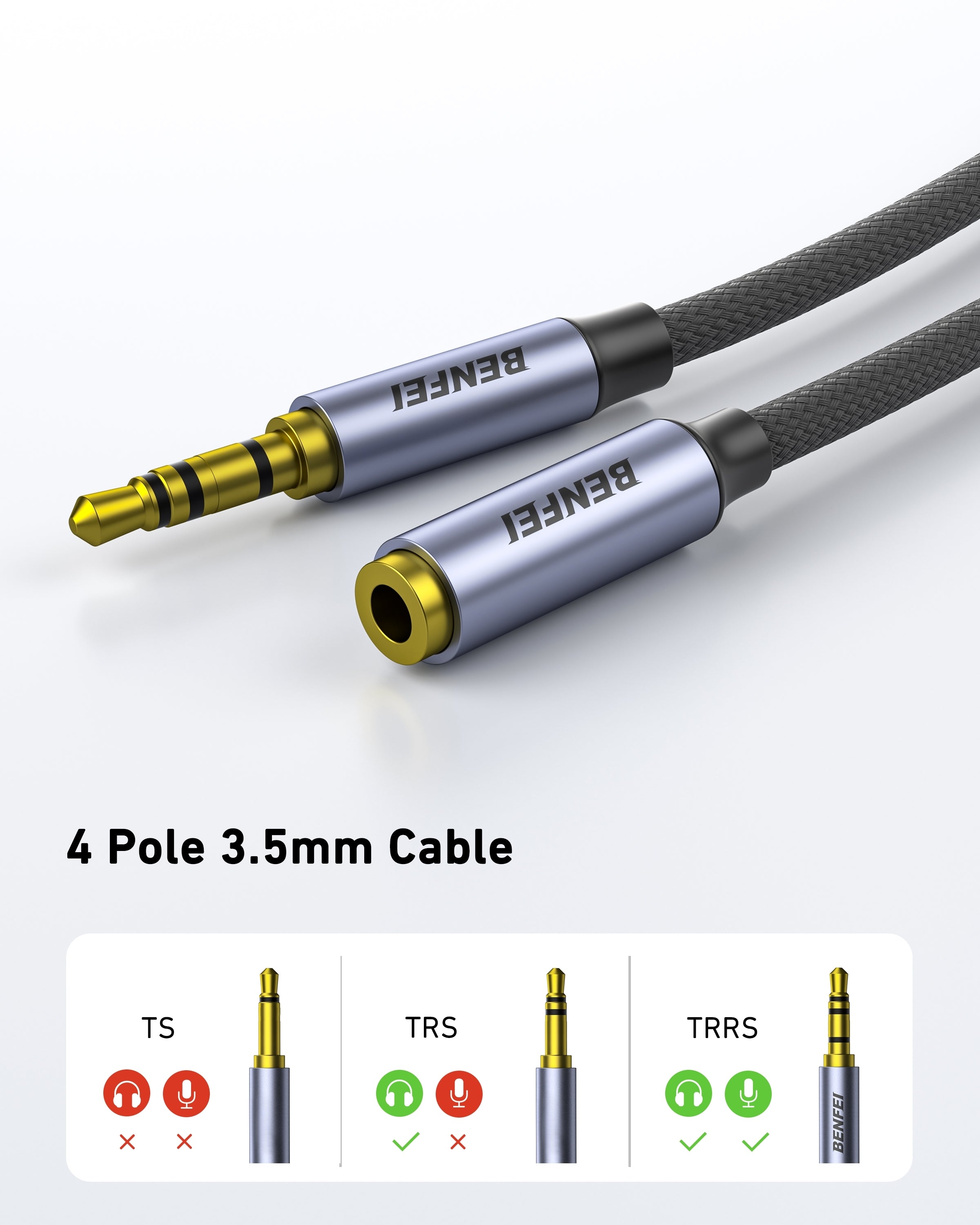 Computer Cables & Adapters: BENFEI 421GY 10M 3.5mm Male to Female AUX Extension Cable, TRRS 4-Pole Stereo Audio Jack Cord for Headphones, Microphone, Smartphones, PC, Laptop, Speakers