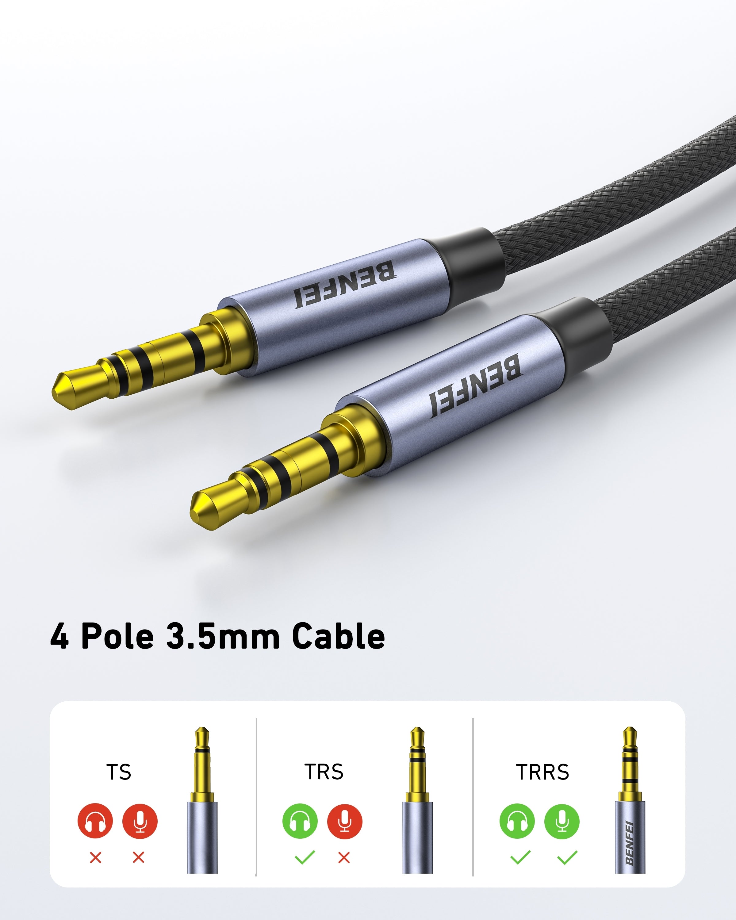 Computer Cables & Adapters: BENFEI 427GY 10M 3.5mm TRRS Male to Male Audio Cable, 4-Pole Stereo Mic Aux Cable, Nylon Braided Headphone Jack Cord