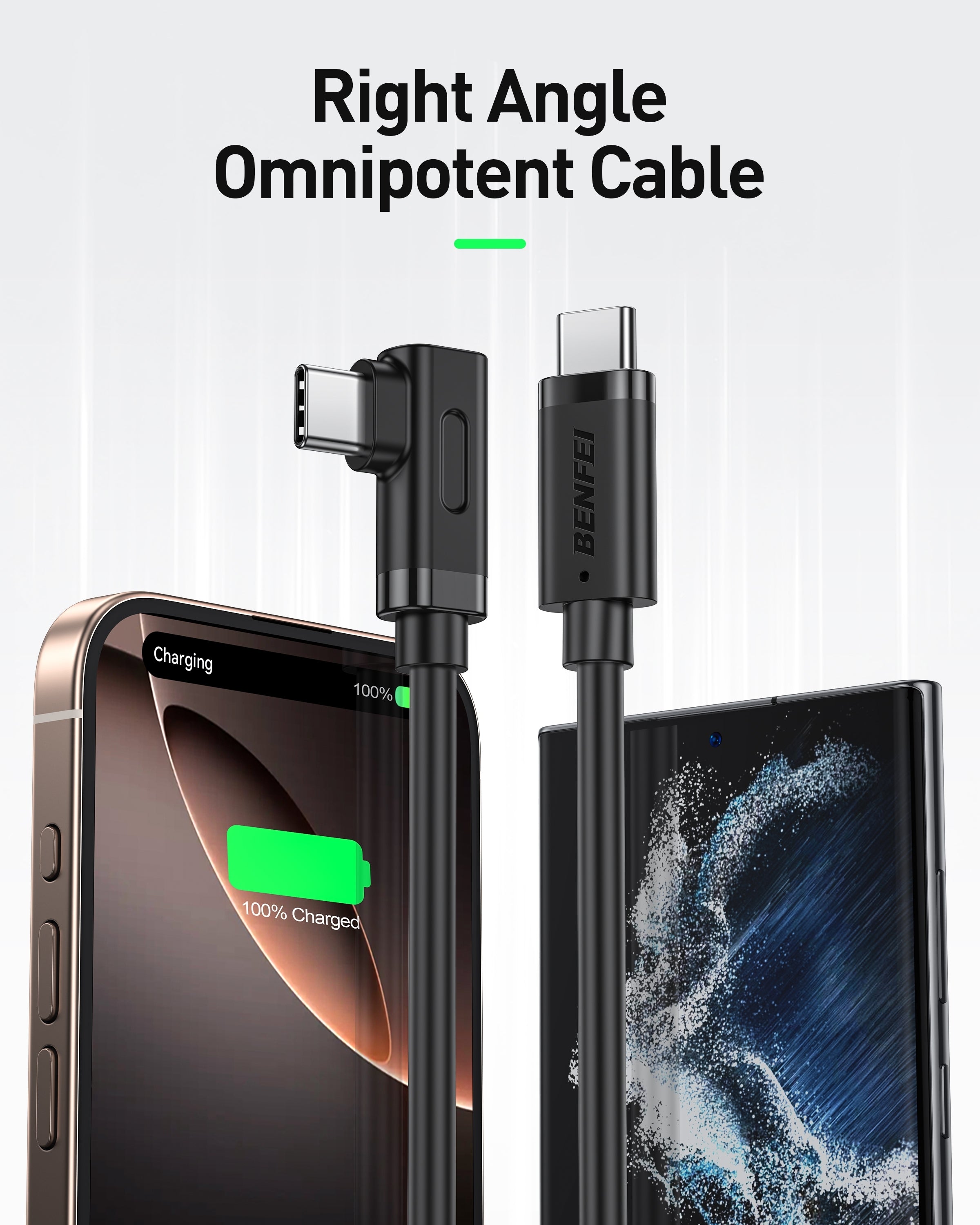 Phone Chargers: BENFEI 428BK-3M USB C to Right Angle USB C Cable , 90-dgree Angled USB 2.0 Type C Charger Cable, 3A Fast Charging & 480Mbps Data Sync, Durable PVC