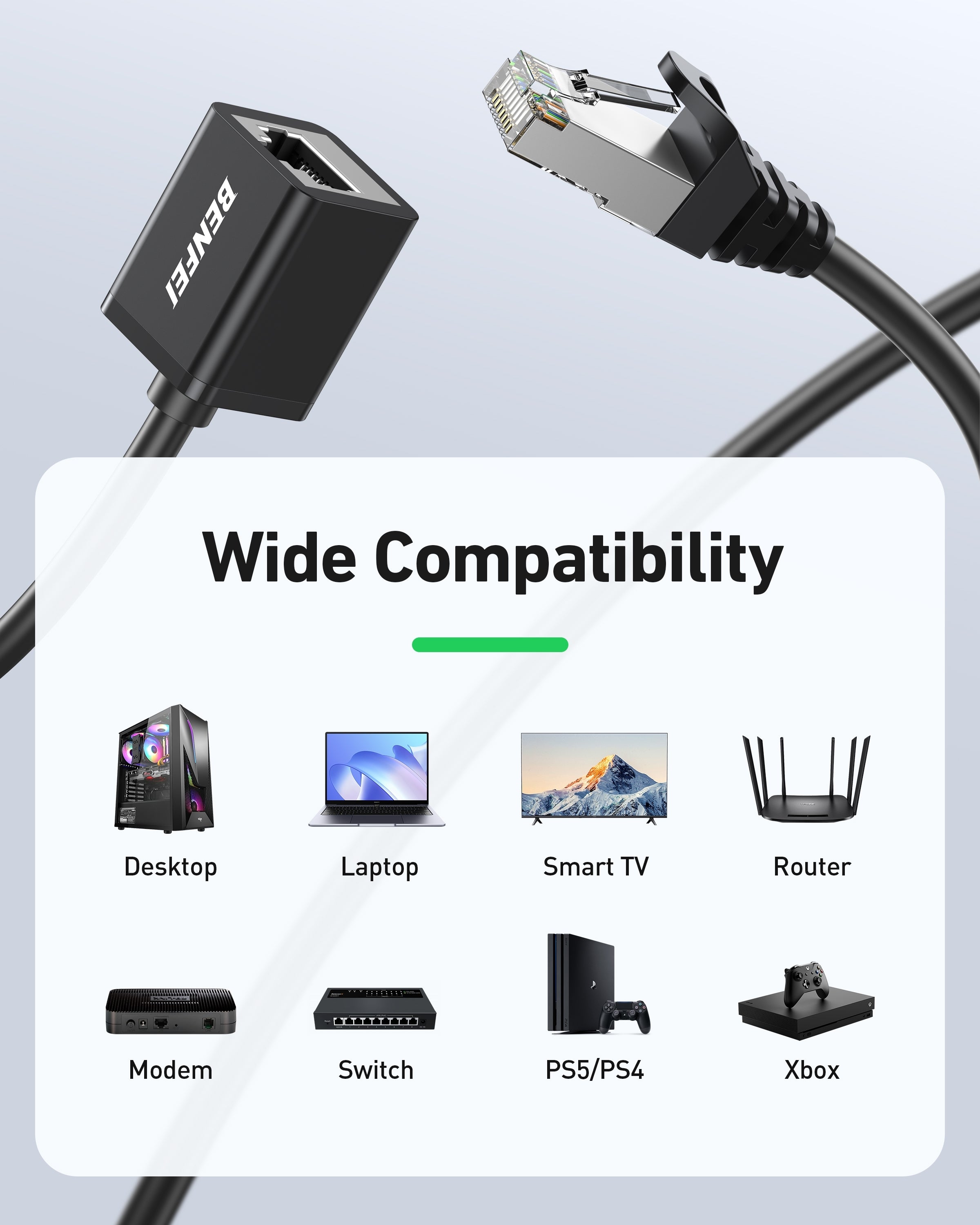 Computer Cables & Adapters: BENFEI 435BK-3M RJ45 Extension Male/Female Patch cords Cat6 1000Mbps 3M