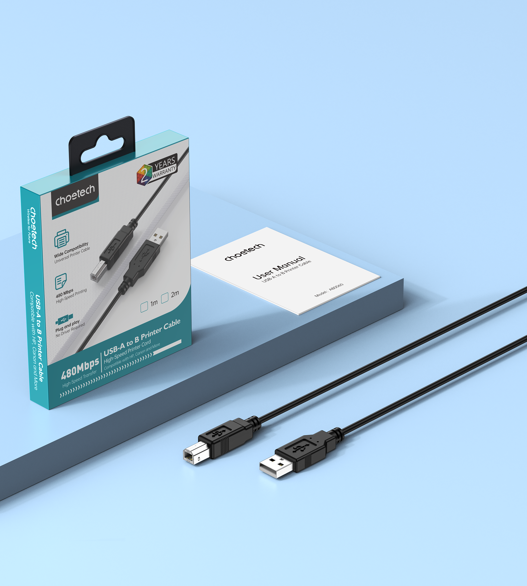 Choetech AB0060-2M USB A to B Printer 2meter Cable Black