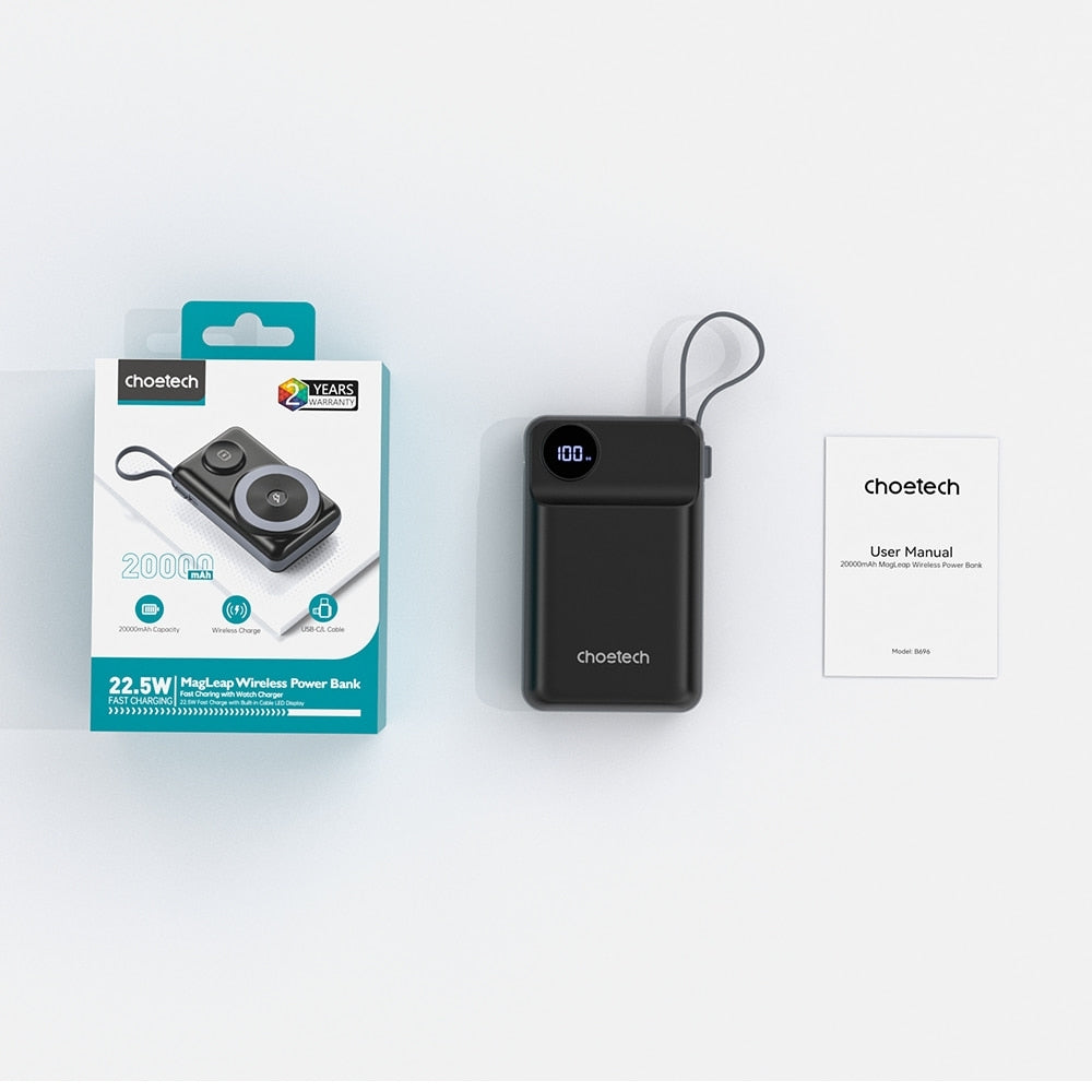 CHOETECH B696-BK 20000mAh 22.5W USB-A + USB-C x 2 + MagLeap Wireless Charge Power Bank Black
