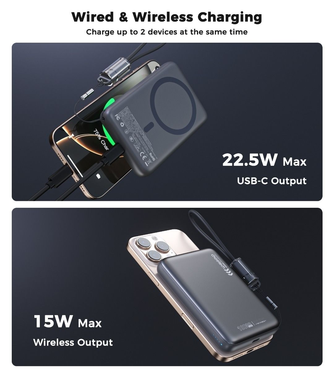 CHOETECH B-862-GY CCC Certified 10000mAh Ultra Thin Magnetic Power Bank