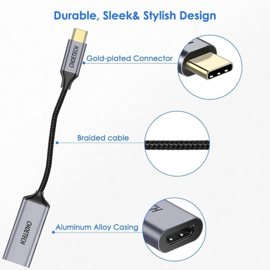 Computer Cables & Adapters: CHOETECH HUB-H21 USB-C to HDMI 4k 60Hz Braided Video Cable Cord Adapter