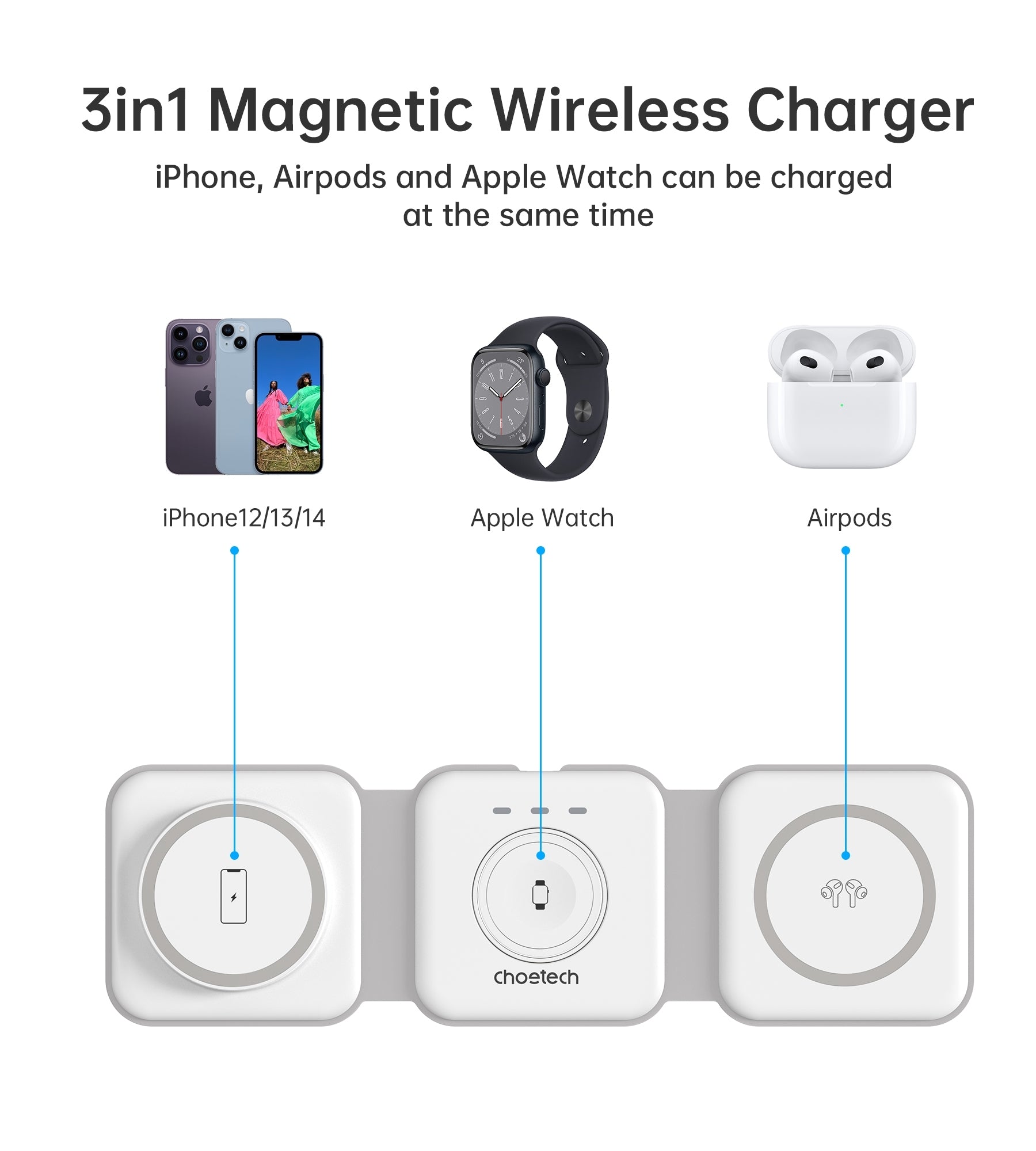 Phone Chargers: CHOETECH T588-F-WH 3-in-1 Foldable Fast Wireless Charger for Phone/Watch/Earphone