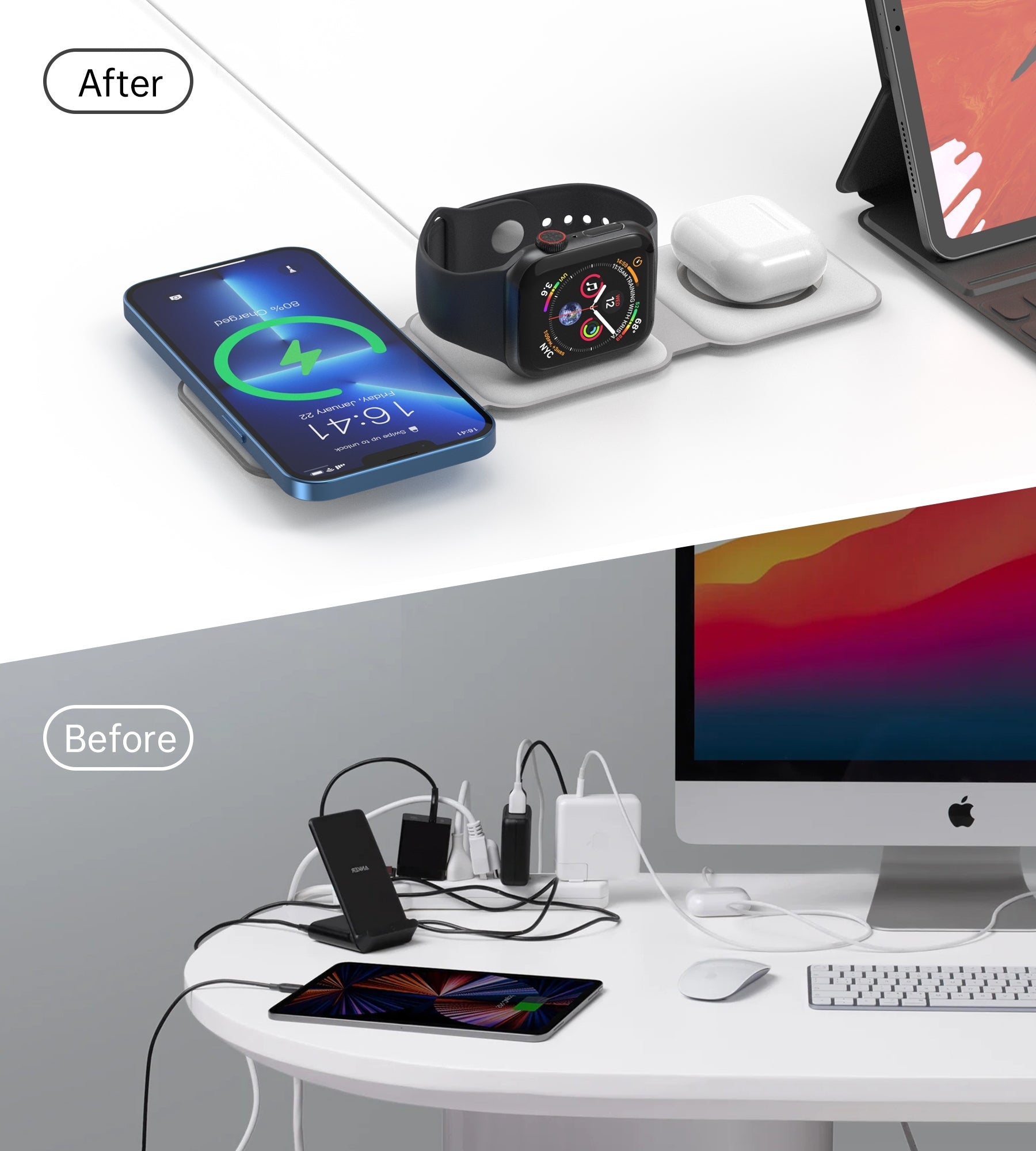Phone Chargers: CHOETECH T588-F-WH 3-in-1 Foldable Fast Wireless Charger for Phone/Watch/Earphone