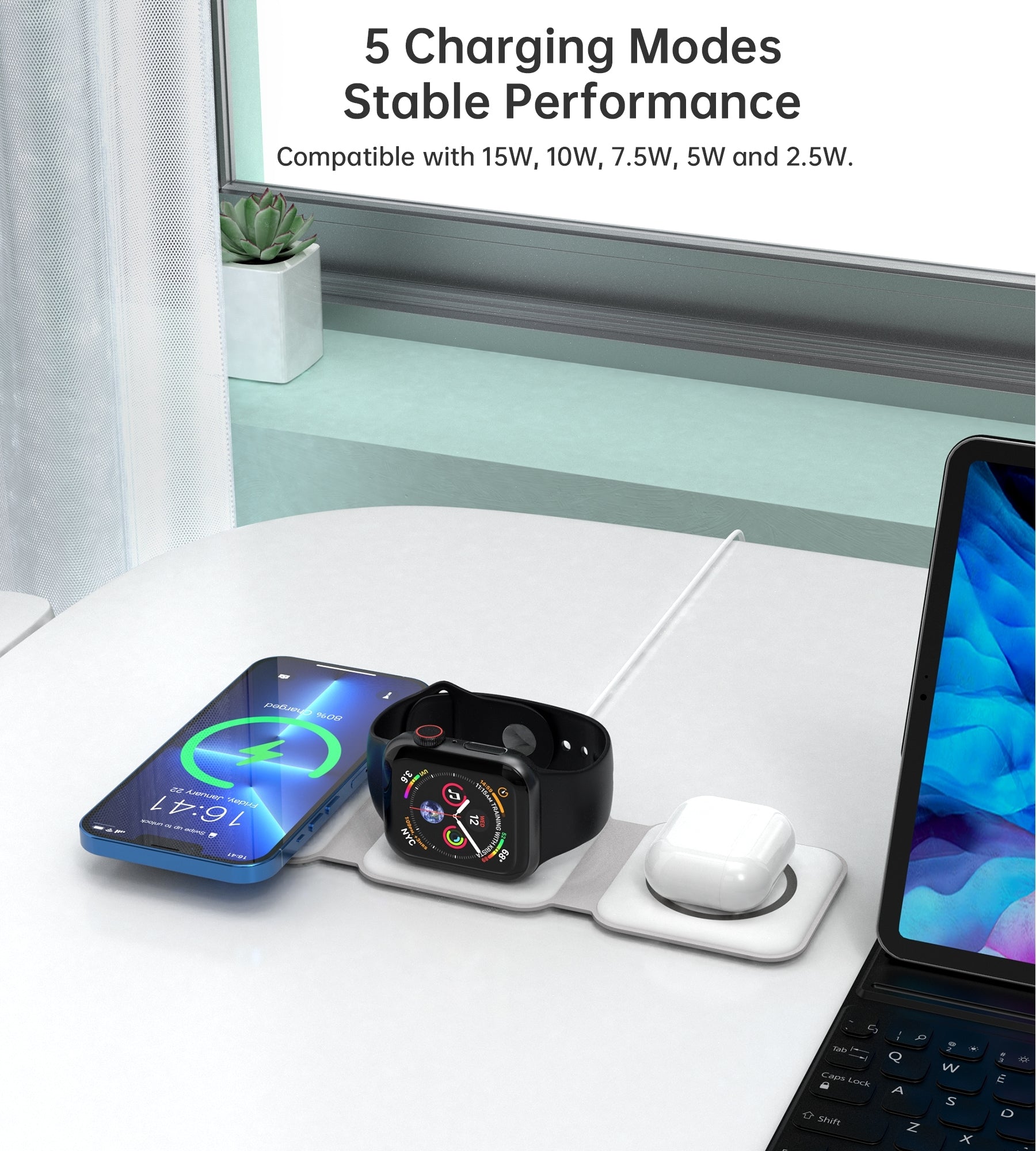 Phone Chargers: CHOETECH T588-F-WH 3-in-1 Foldable Fast Wireless Charger for Phone/Watch/Earphone