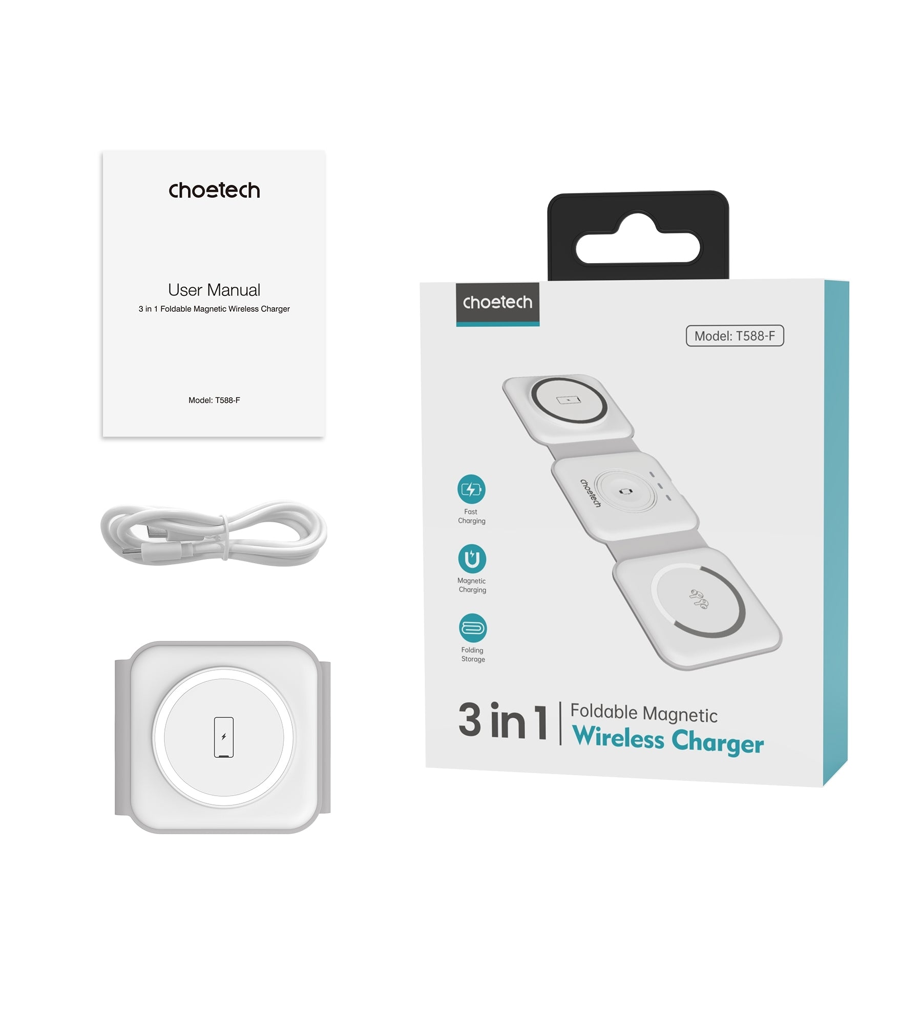 Phone Chargers: CHOETECH T588-F-WH 3-in-1 Foldable Fast Wireless Charger for Phone/Watch/Earphone