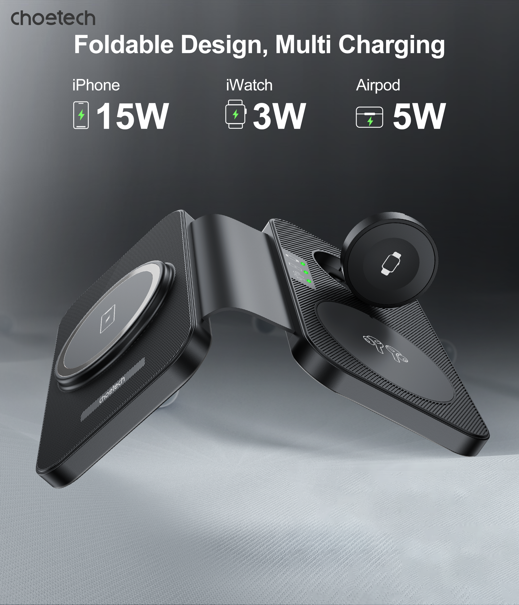 Phone Chargers: CHOETECH T616-F-BK 3in1 Magnetic Foldable Wireless Charger Black