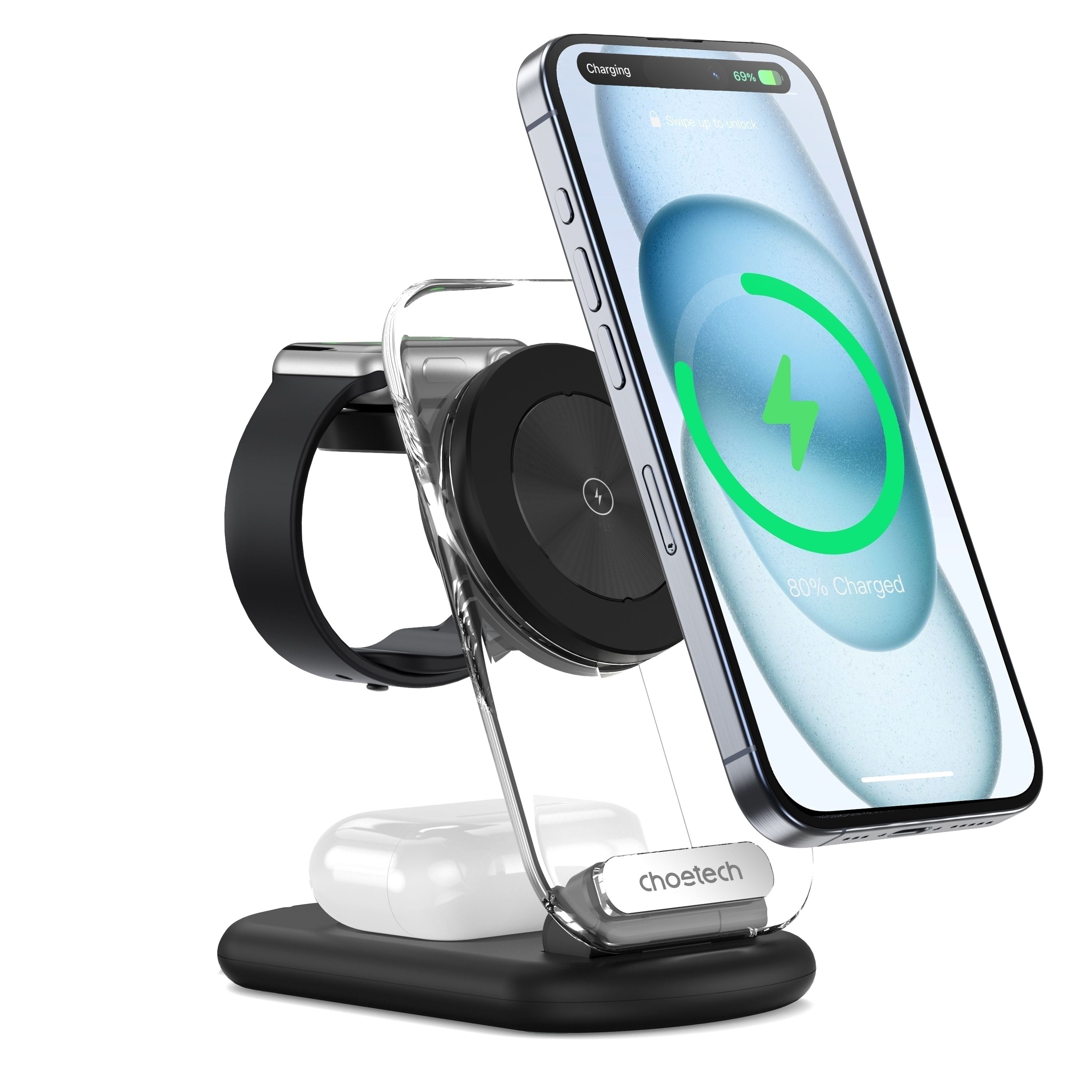 CHOETECH T618-F-BK 3-in-1 15W MagSafe Wireless fast Charger Stand for iPhone i-Watch AirPods w/ Ambient Light