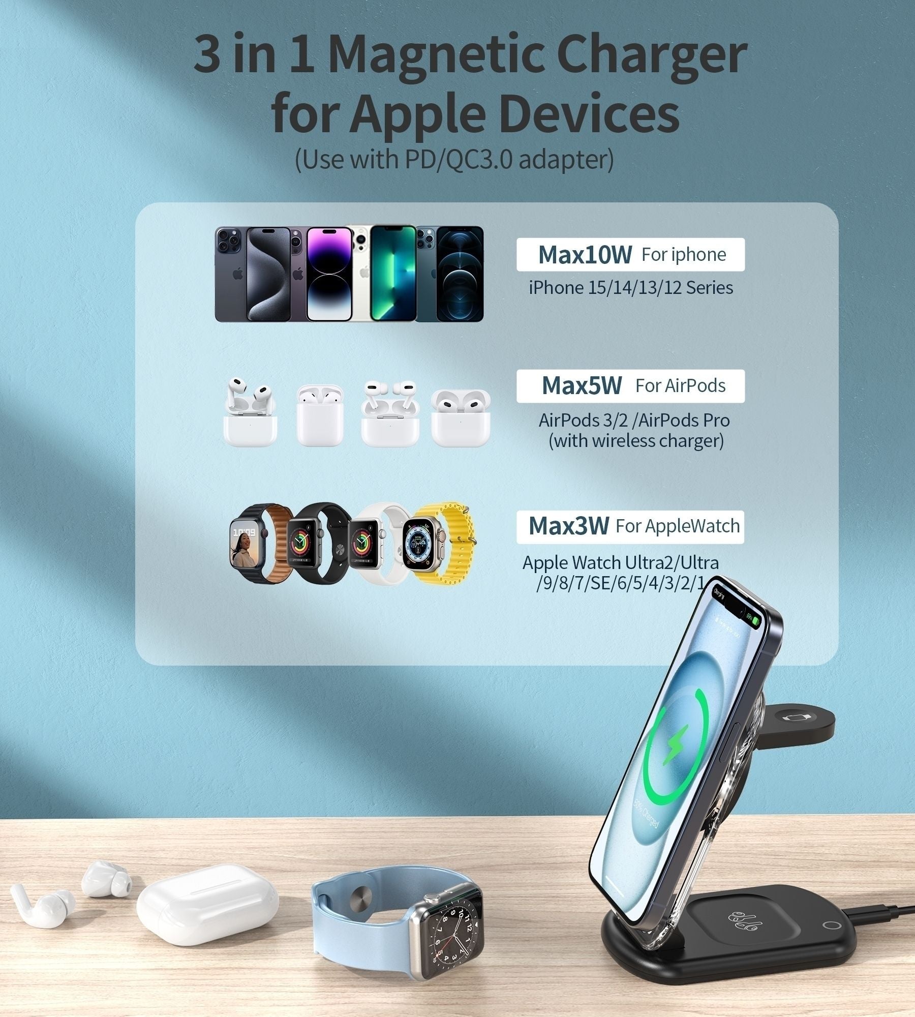 CHOETECH T618-F-BK 3-in-1 15W MagSafe Wireless fast Charger Stand for iPhone i-Watch AirPods w/ Ambient Light