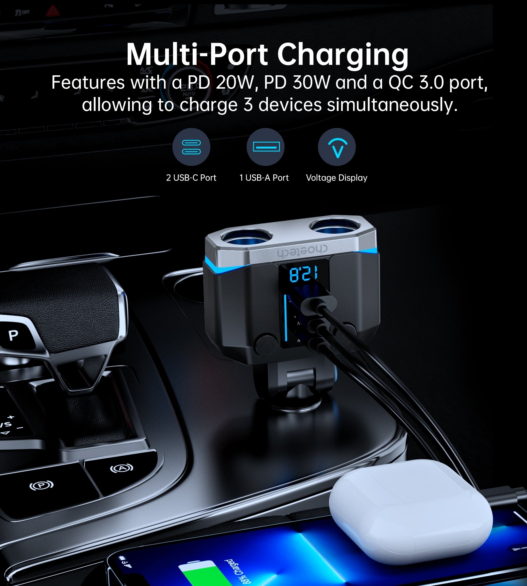 CHOETECH TC0020 45W 2 Sockets + 2x USB-C + 1x USB-A Cigarette Lighter Splitter