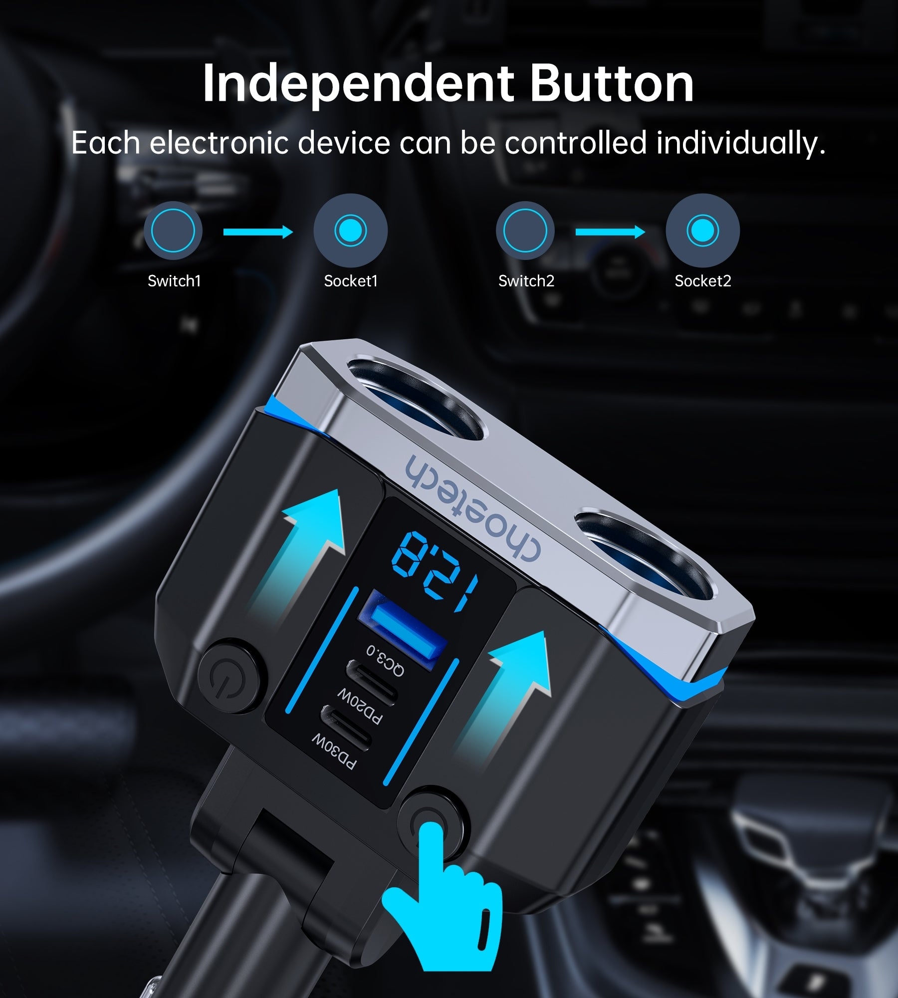 CHOETECH TC0020 45W 2 Sockets + 2x USB-C + 1x USB-A Cigarette Lighter Splitter