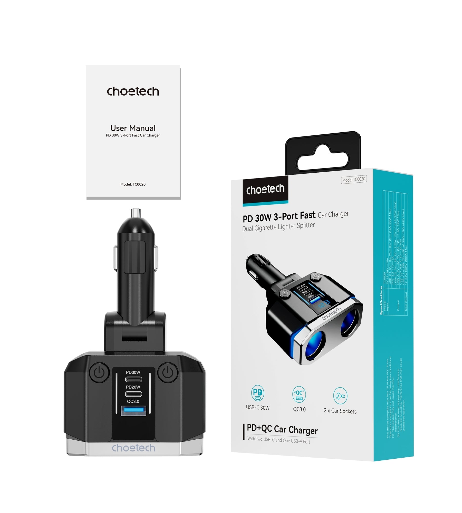 CHOETECH TC0020 45W 2 Sockets + 2x USB-C + 1x USB-A Cigarette Lighter Splitter