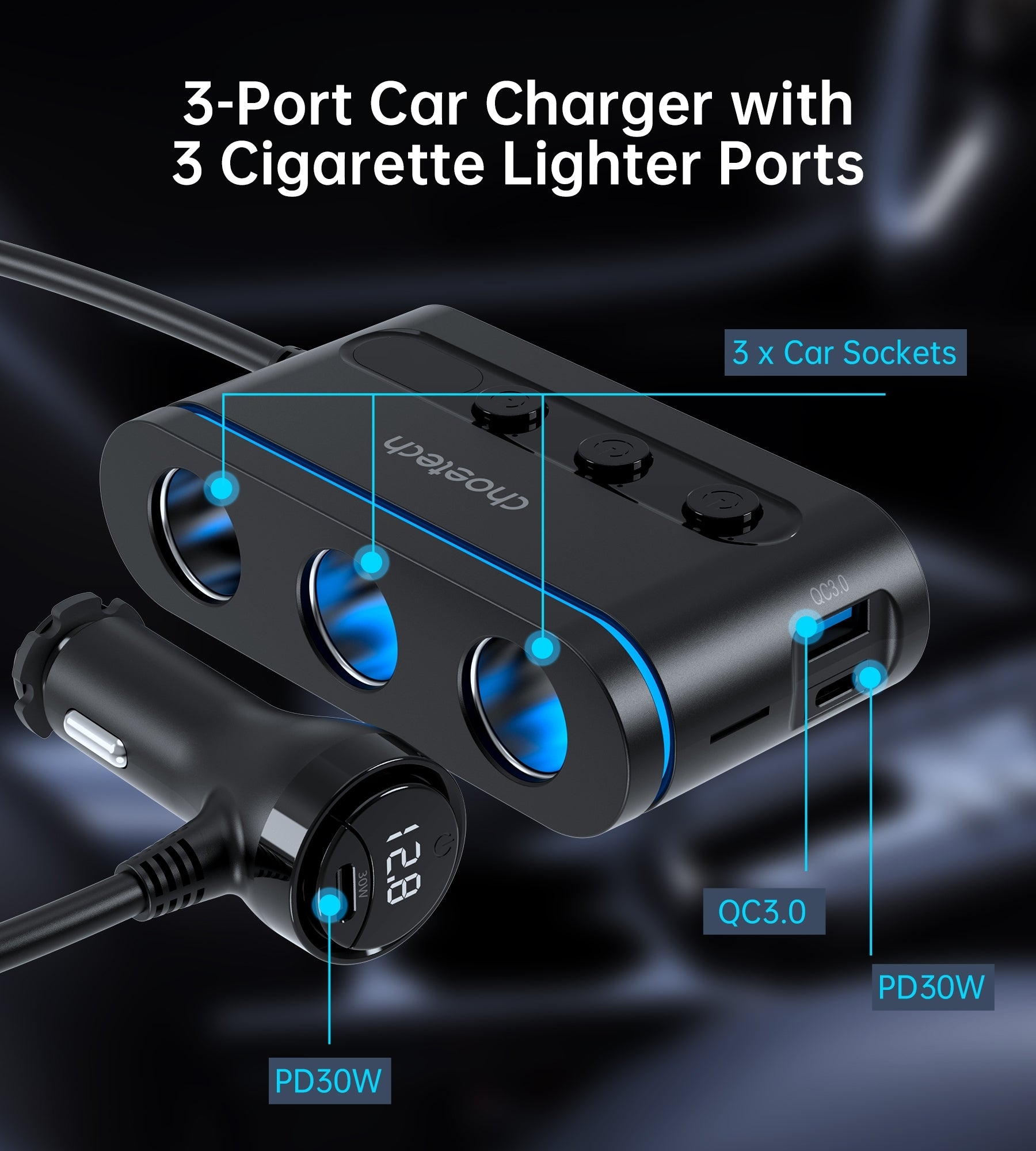 CHOETECH TC0021 3 Sockets 2C+1A Cigarette Lighter Splitter Black