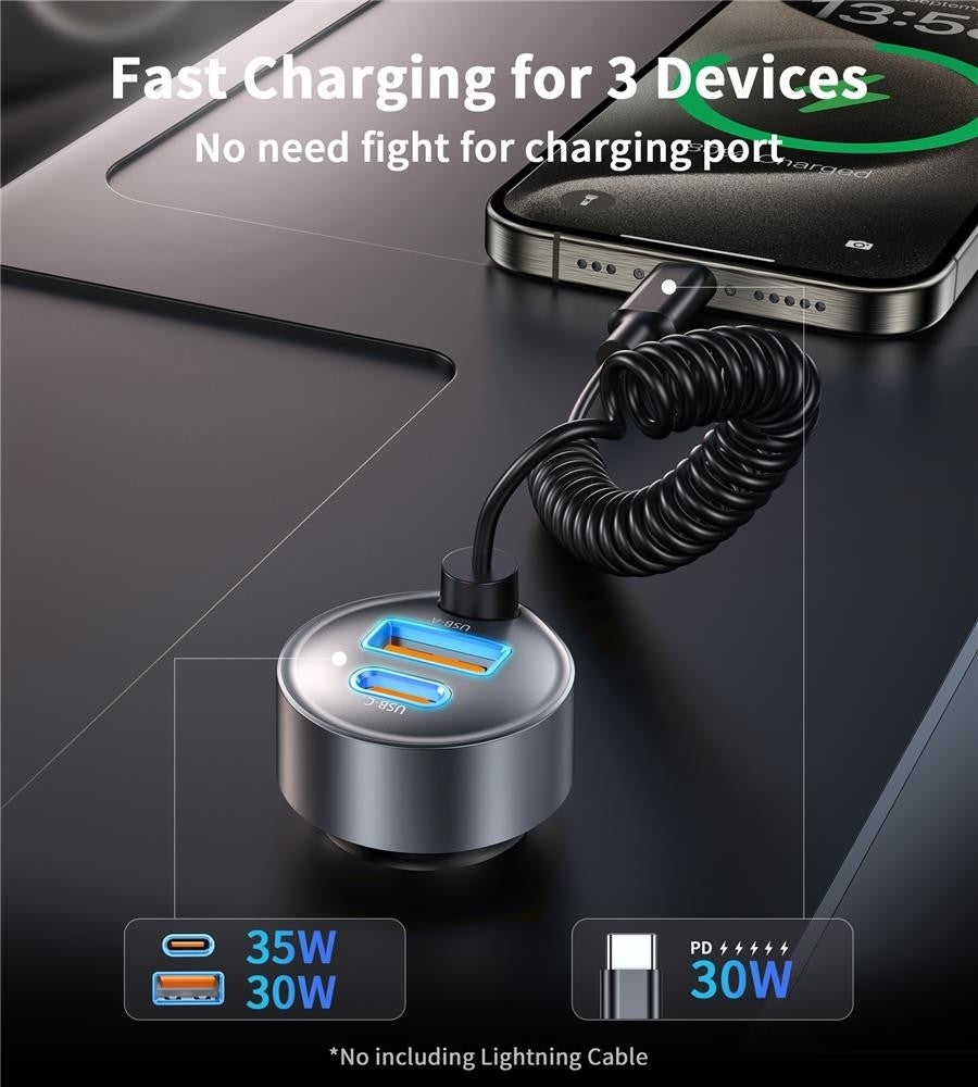 Phone Chargers: CHOETECH TC0030 65W 3-Port Fast Car Charger with 3.3ft Type-C Stretchable Cable